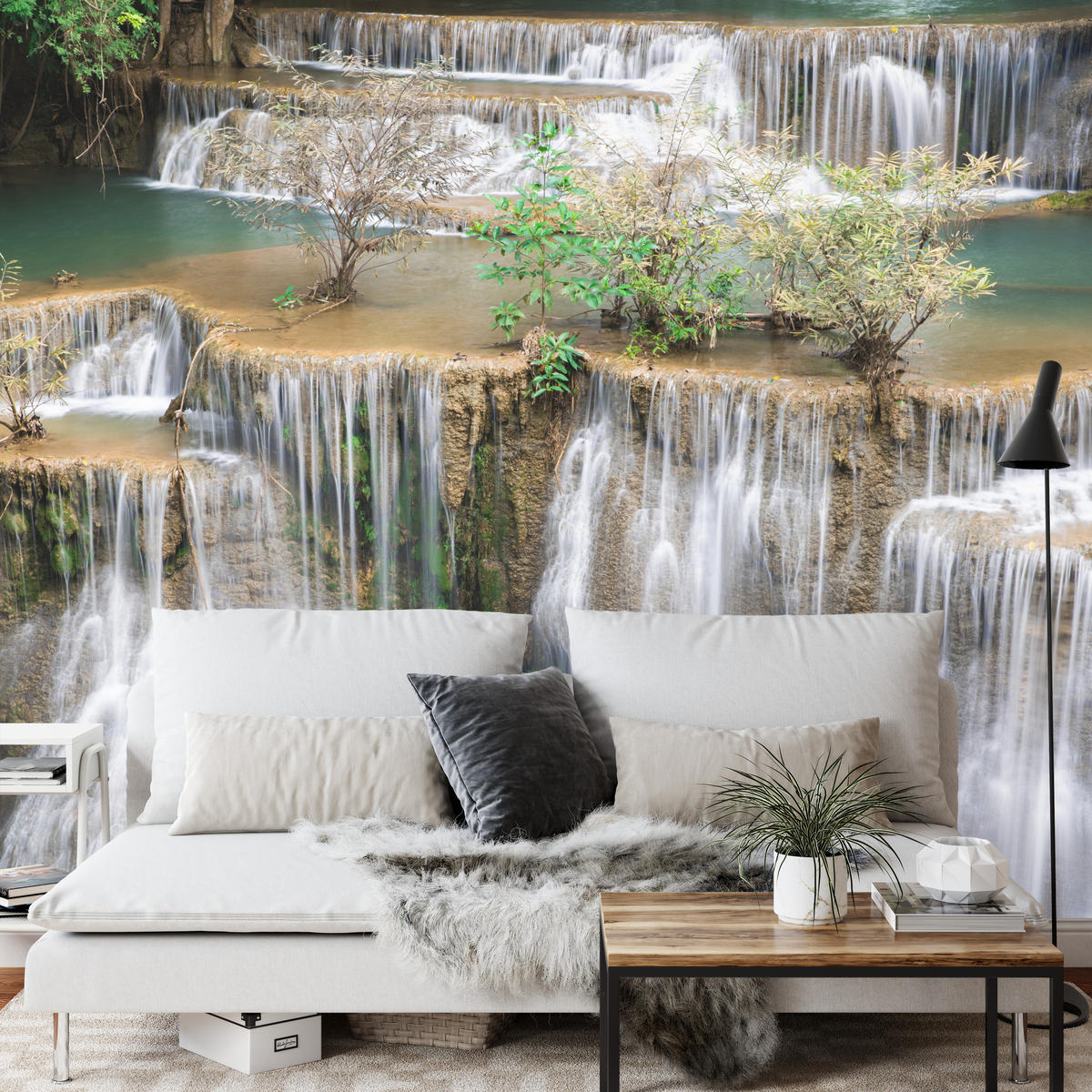 FOTOTAPETE für Wohnzimmer Wasserfall Panorama Pflanzen Natur 400x280 - Blau/Beige, Papier (400/280cm) - Muralo