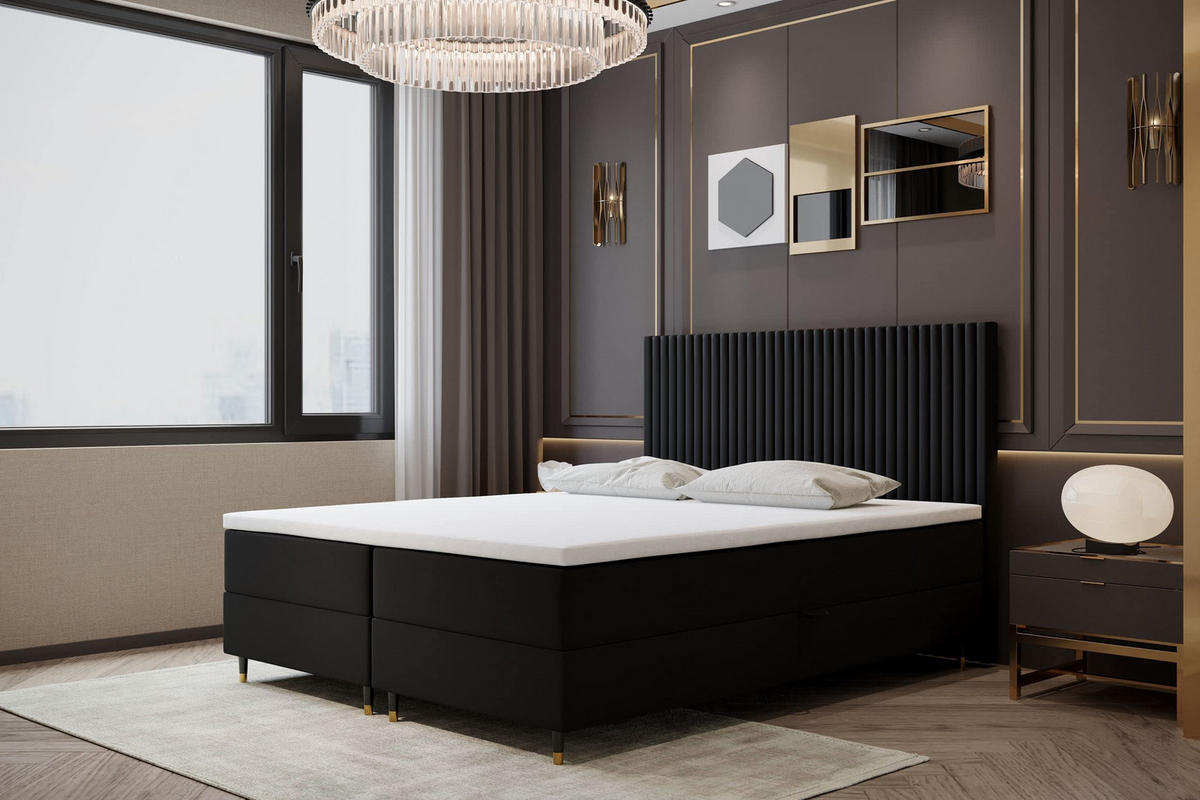 BOXBETT 140 x 200 cm mit Taschenmatratze ESTEPONA, Bettkästen mit Gasdruckfedern, Elegants gepolsterte Kopfstütze und Topper, Schwarz - Schwarz, Holz/Textil (140/200cm) - Trada