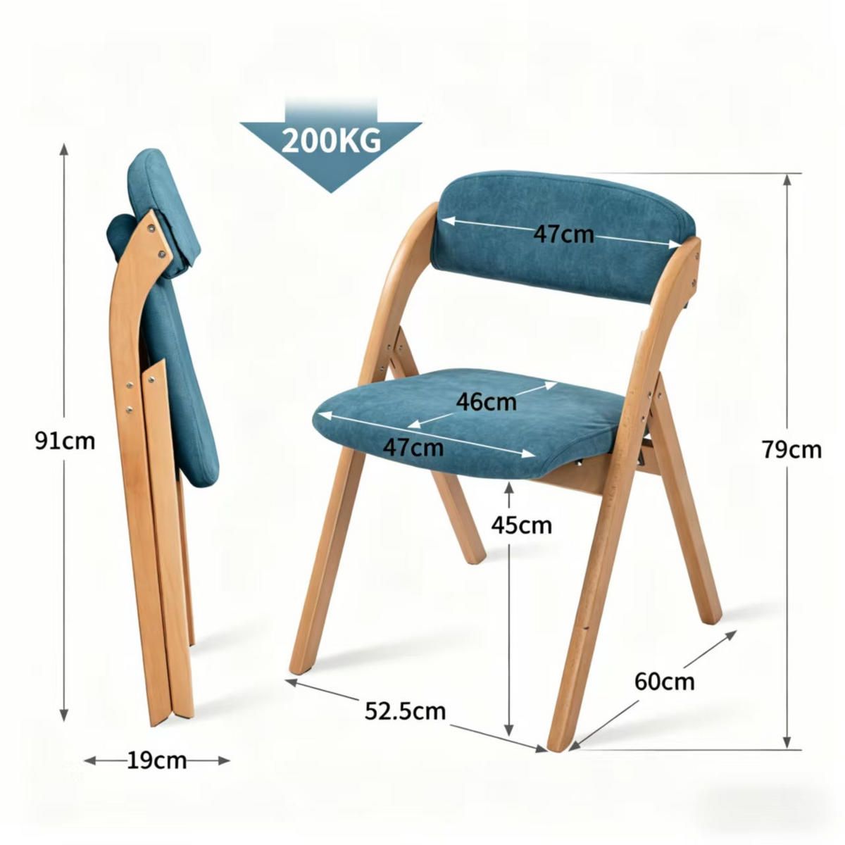 KLAPPSTUHL DE-36260 2er-Set mit gepolstertem Sitz Blau - Blau, Holz (54/60/79cm) - ComfortXL