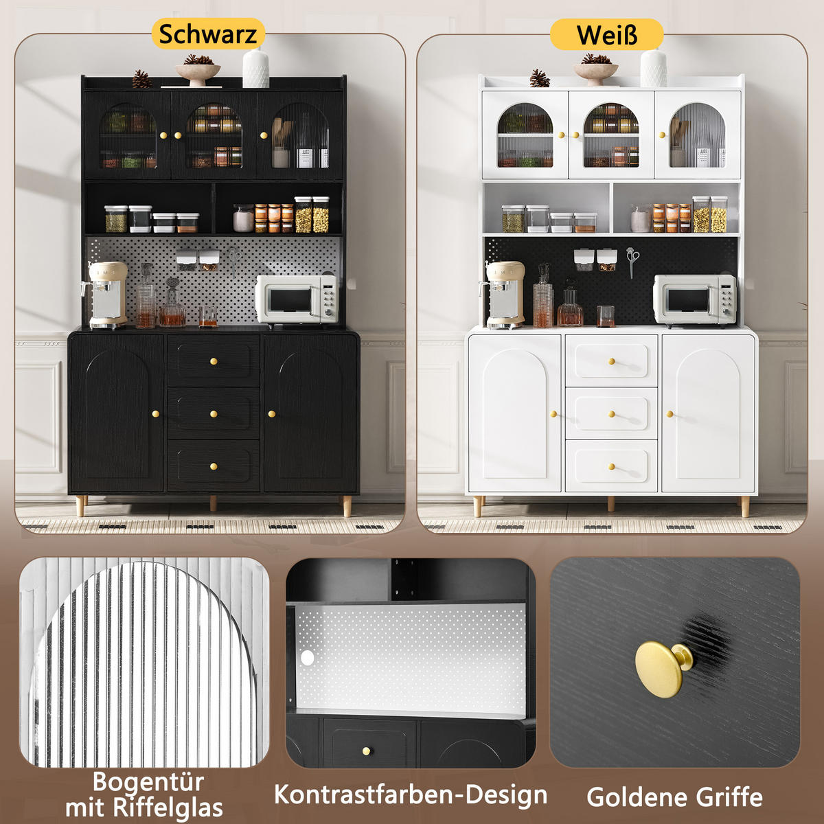 HIGHBOARD in Schwarz Küchenschrank mit Lochbrett und Schubladen für Esszimmer und Küche, B120/T40/H190 cm - Schwarz/Naturfarben, Glas/Holz (120/190/40cm) - STILVORA
