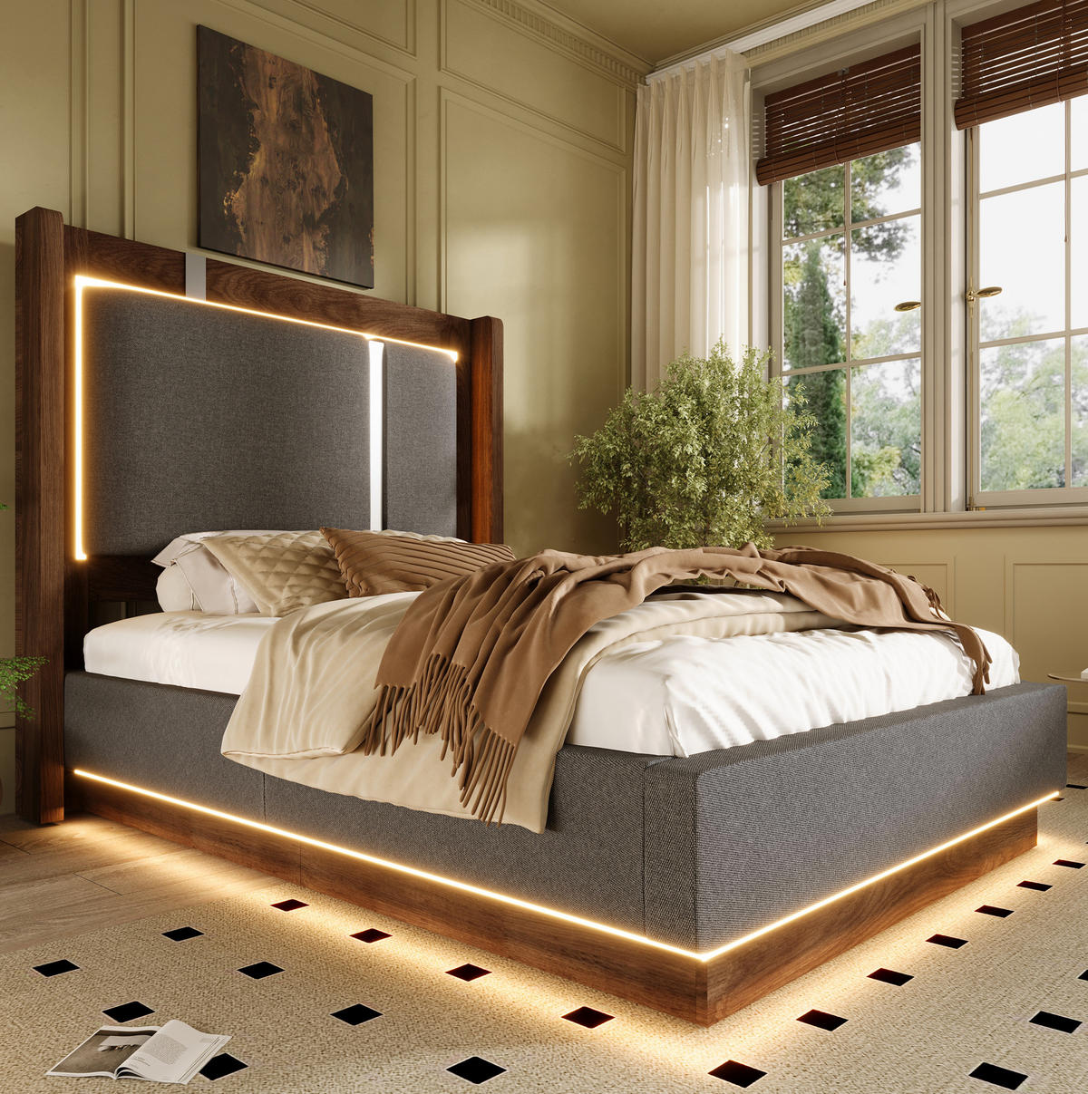 STAURAUMBETT 90/200 cm mit LED, Hydraulik und Bettkasten ohne Matratze - Grau, Textil (90/200cm) - MIVRAY