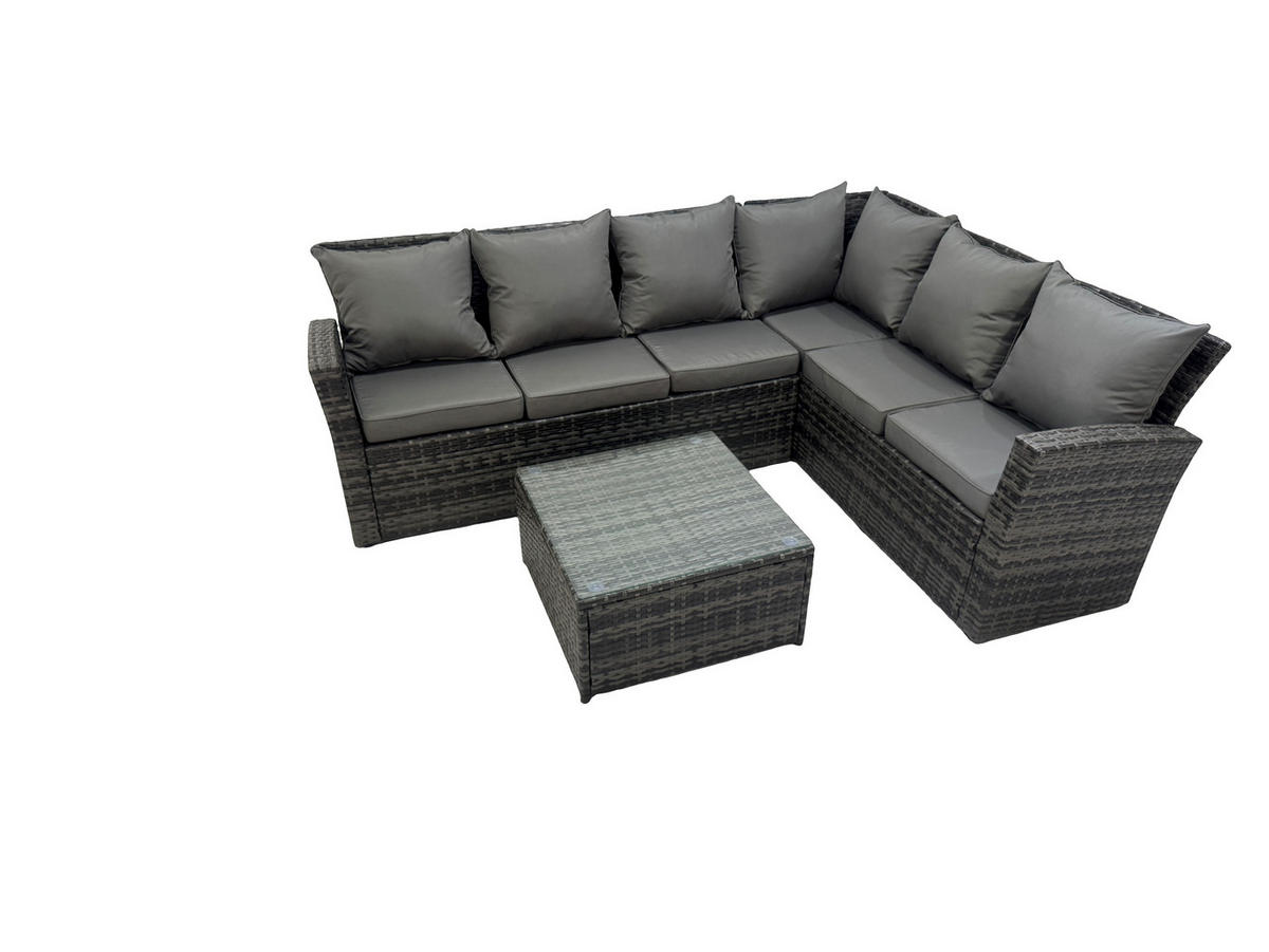 GARTENSOFA SET Hohe Rückenlehne Polyrattan Dunkelgrauer Mix 7-Sitzer - Dunkelgrau/Grau, Glas/Kunststoff - Fimous
