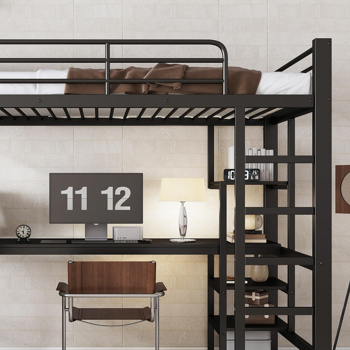 ETAGENBETT 90/200 cm schwarz aus Metall mit Schreibtisch und Stauraum - Schwarz, Metall (90/200cm) - OKWISH