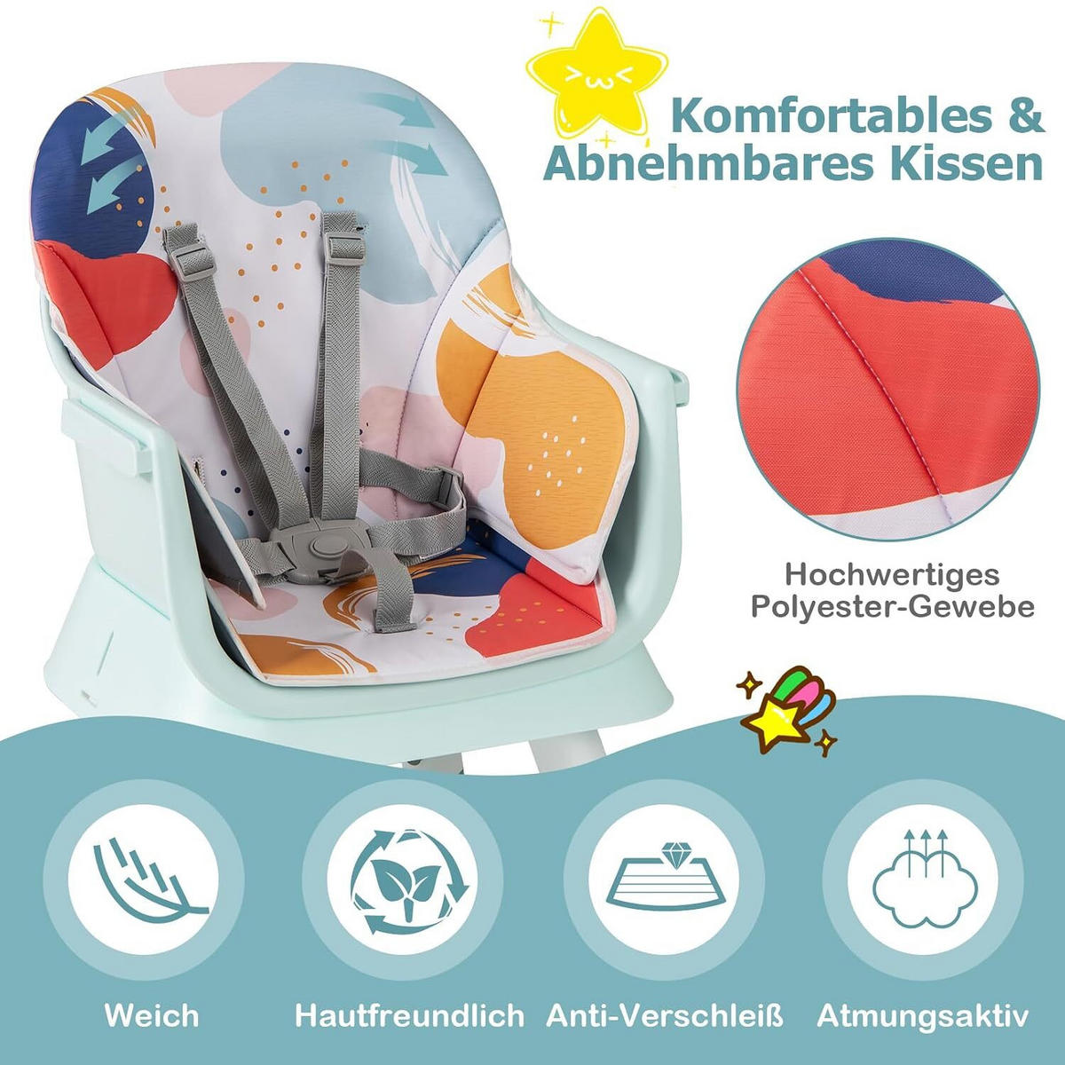 KINDERHOCHSTUHL mit Sicherheitsgurt & abnehmbarem Trichter bunt - Multicolor, Kunststoff (58/98/58cm) - COSTWAY