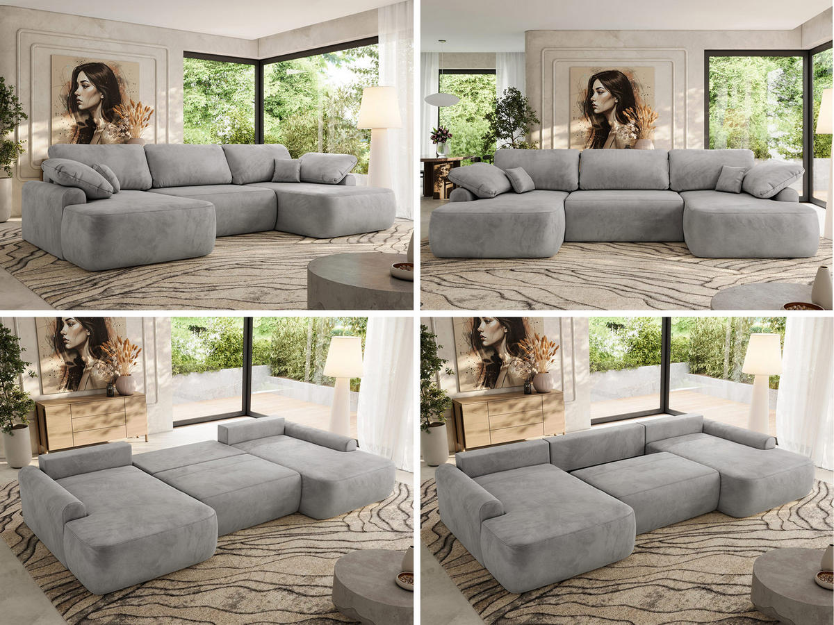 WOHNLANDSCHAFT CUBO U Hellgrau Velvet - Hellgrau/Schwarz, Kunststoff/Textil (370/100/187cm) - MKS