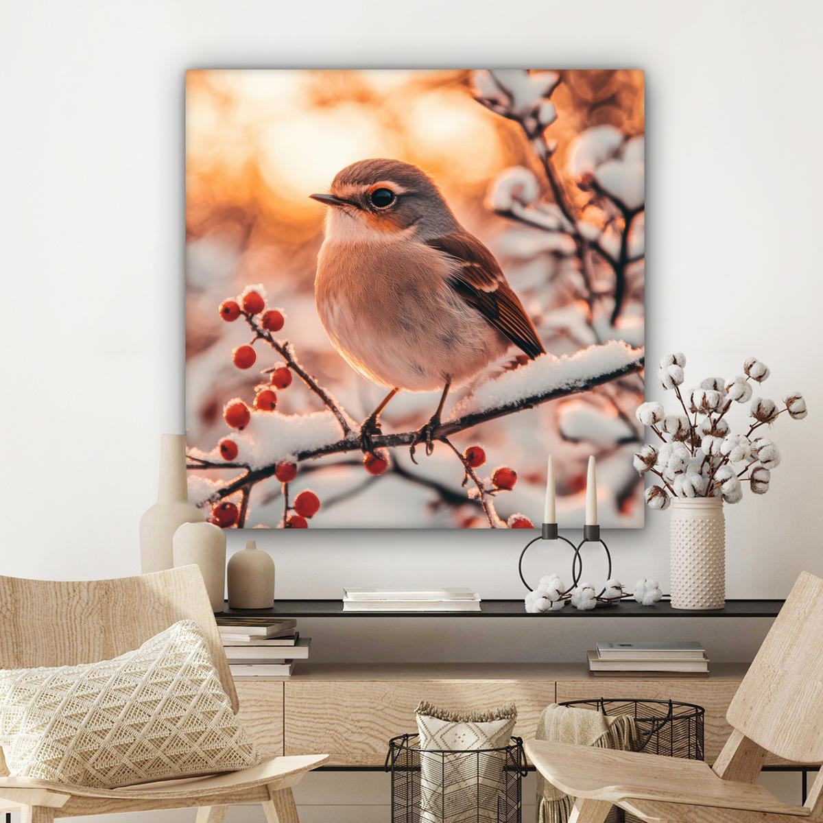 LEINWANDBILD Vogel - Zweig - Winter - Tiere - Schnee Deko Groß 90x90 cm - Bernsteinfarben, Textil (90/90cm) - MuchoWow