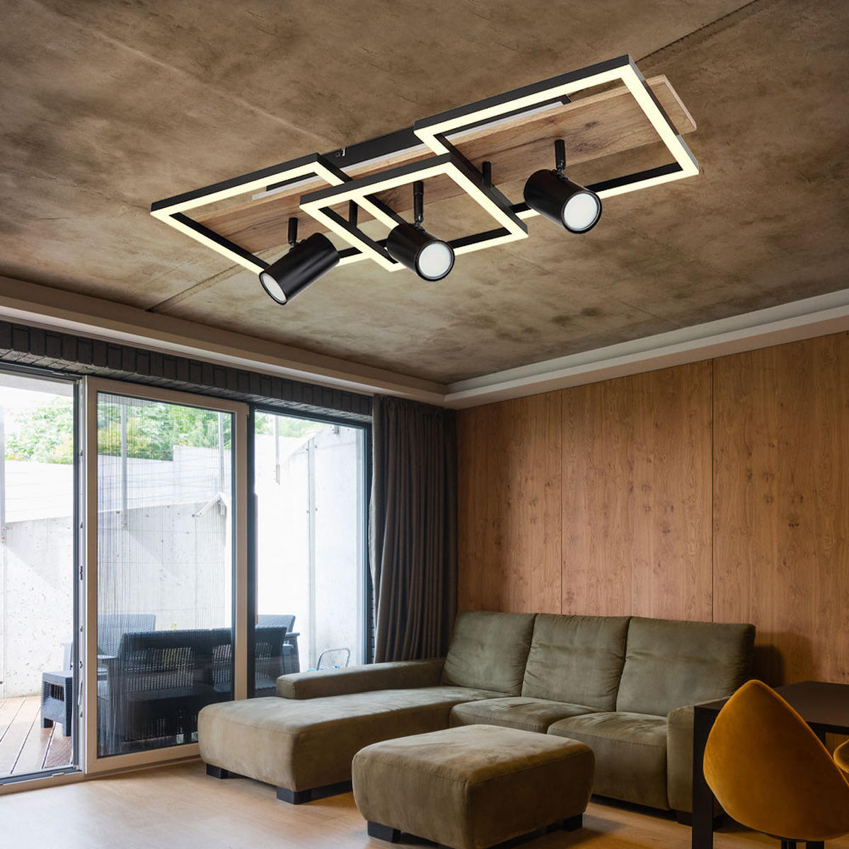 LED DECKENLEUCHTE Metall Holzoptik Schwarz 3-flammig - Schwarz, Metall (72/27/18cm) - Globo Lighting