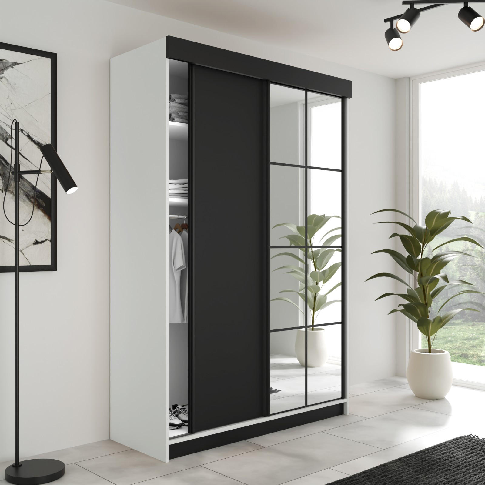 SCHIEBETÜRENSCHRANK LAMARO - 138x205x59 - Weiß & Schwarz - Schwarz/Weiß, Holzwerkstoff (138/205/59cm) - Kier Furniture