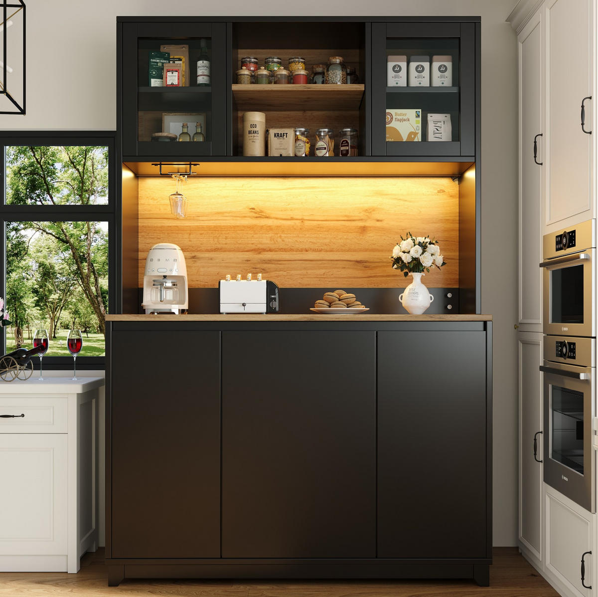 BUFFET aus MDF und Metall 120x40x180 cm Schwarz mit LED-Beleuchtung, Acryltüren und Abfallfach - Schwarz, Holzwerkstoff (120/180/40cm) - Modfu