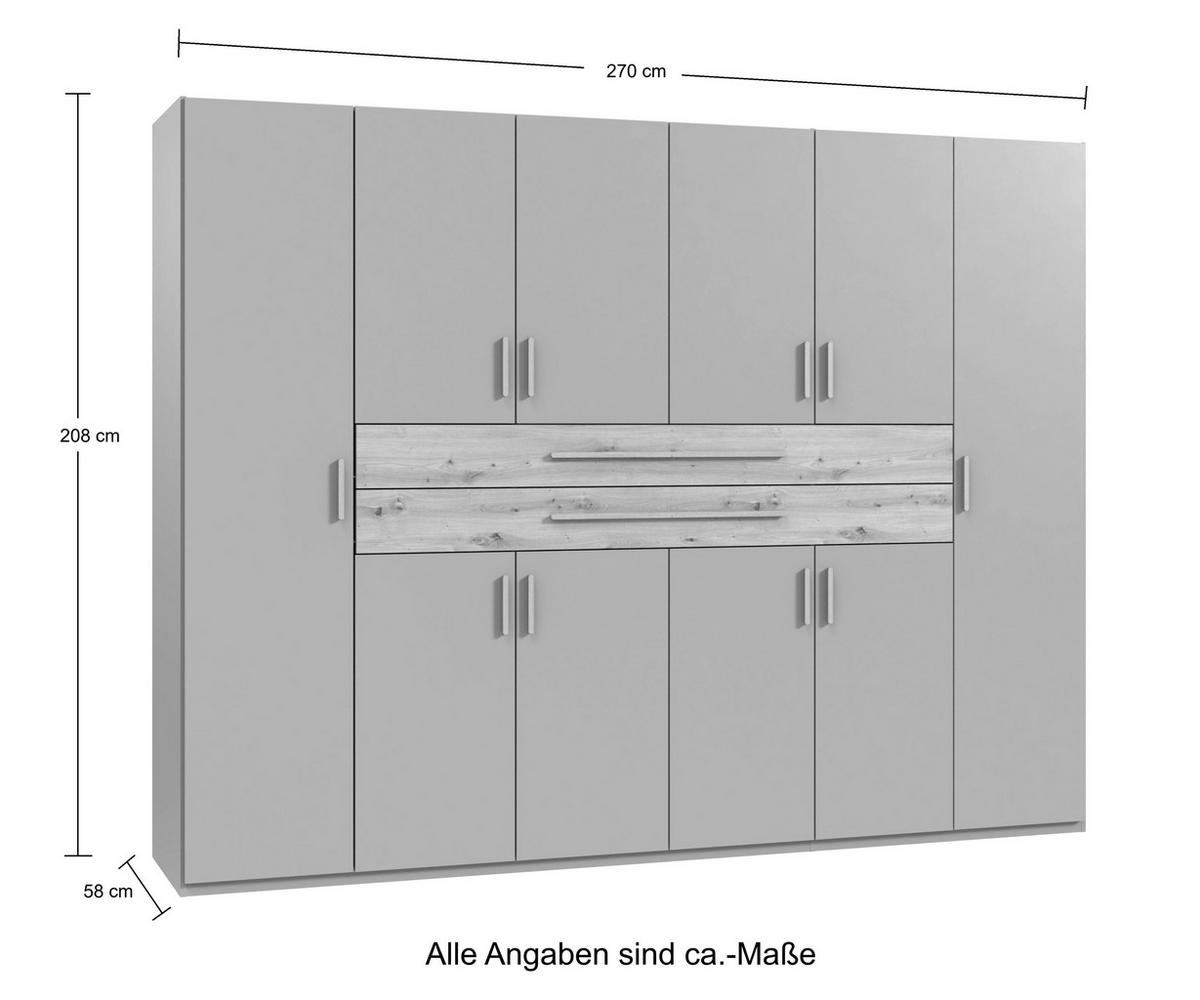 DREHTÜRENSCHRANK B270/H208/T58 cm in Grafit, Kleiderschrank mit 2 großen Schubkästen und Griffen in Eiche Artisan Dekor / 22643 - Graphitfarben/Eiche Artisan, Holzwerkstoff/Kunststoff (270/208/58cm) - luma-home