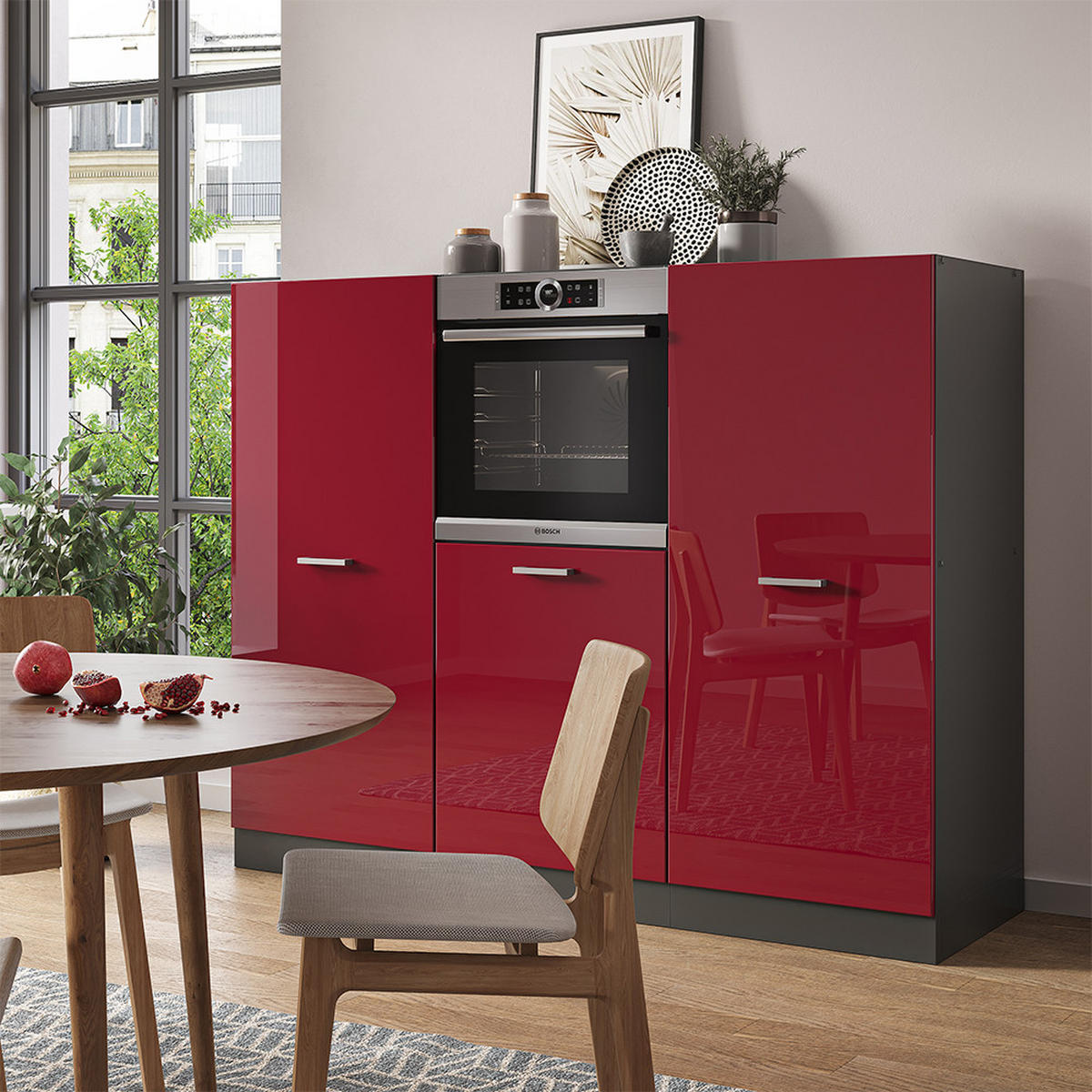 KÜCHENBLOCK R-Line Rot Hochglanz/Anthrazit 180 cm ohne Arbeitsplatte - Anthrazit/Rot, Holzwerkstoff (180/81.6/46cm) - Vicco