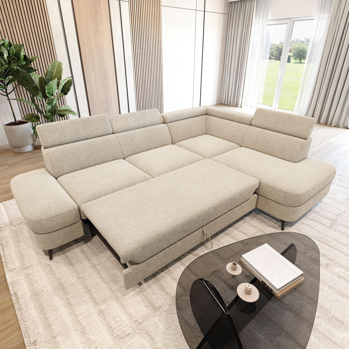 ECKSOFA AVISE Q R-S Creme Boucle-Stoff mit Schlaffunktion - Creme, Holzwerkstoff/Textil (268/195cm) - MASSENO