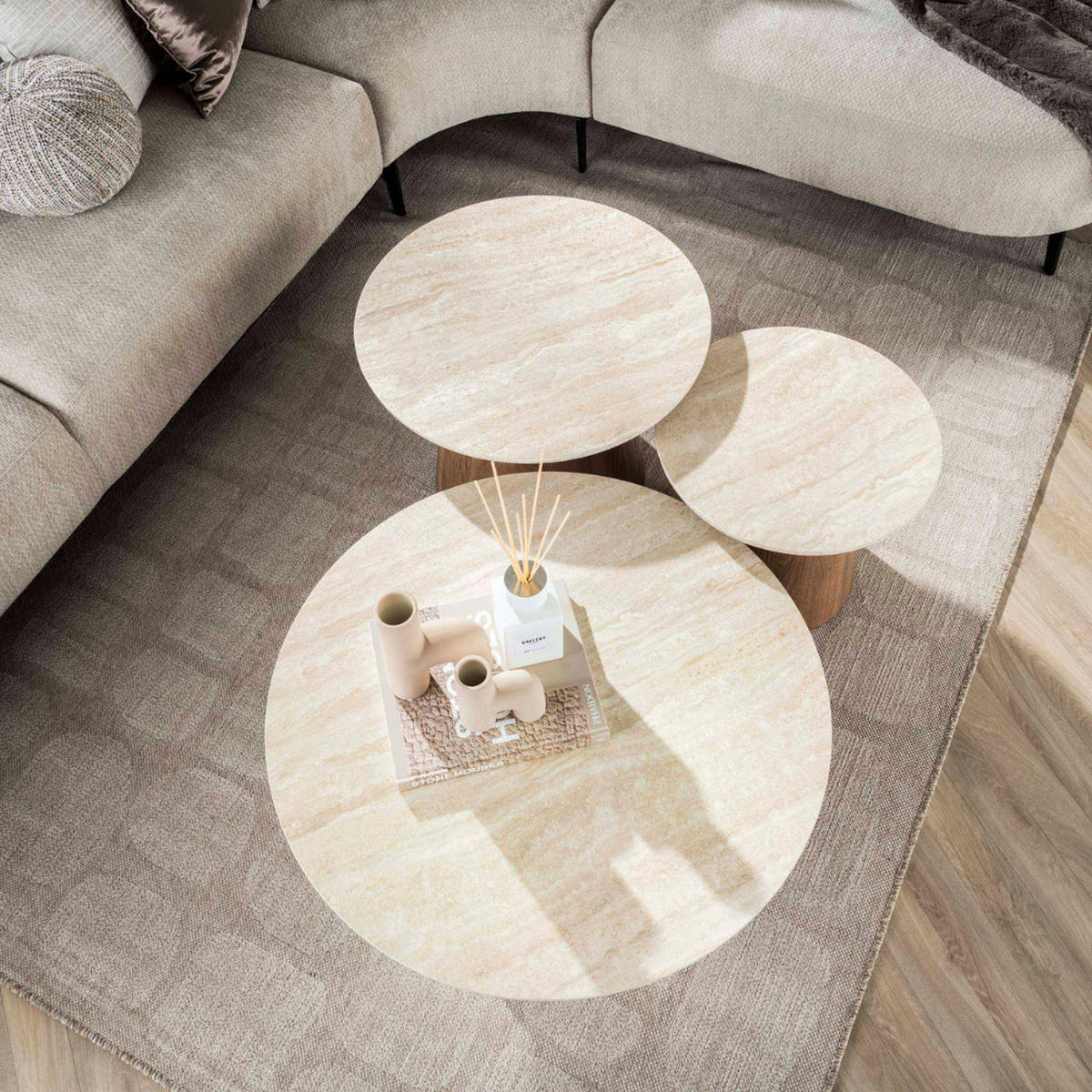 COUCHTISCH-SET ROMANO CIRCOLO 3-teilige runde Satztische in Travertin-Optik - Beige/Braun, Keramik (80/80/35cm) - alesvelt