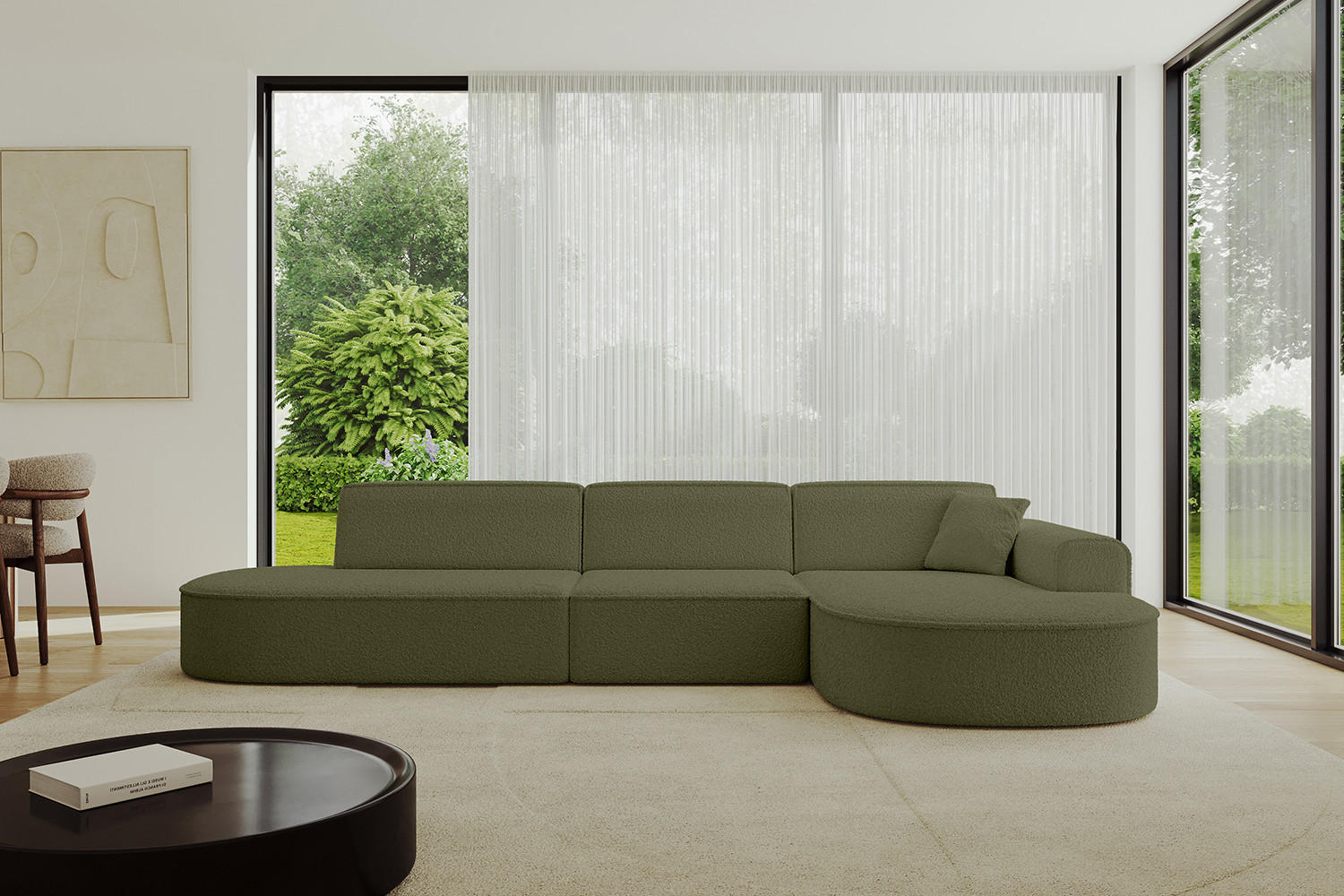 ECKSOFA Ottomane Rechts MARI-L2 - 317x163x73,5 cm Grün Bouclé - Schwarz/Grün, Holzwerkstoff/Kunststoff (317/163cm) - ALTDECOR