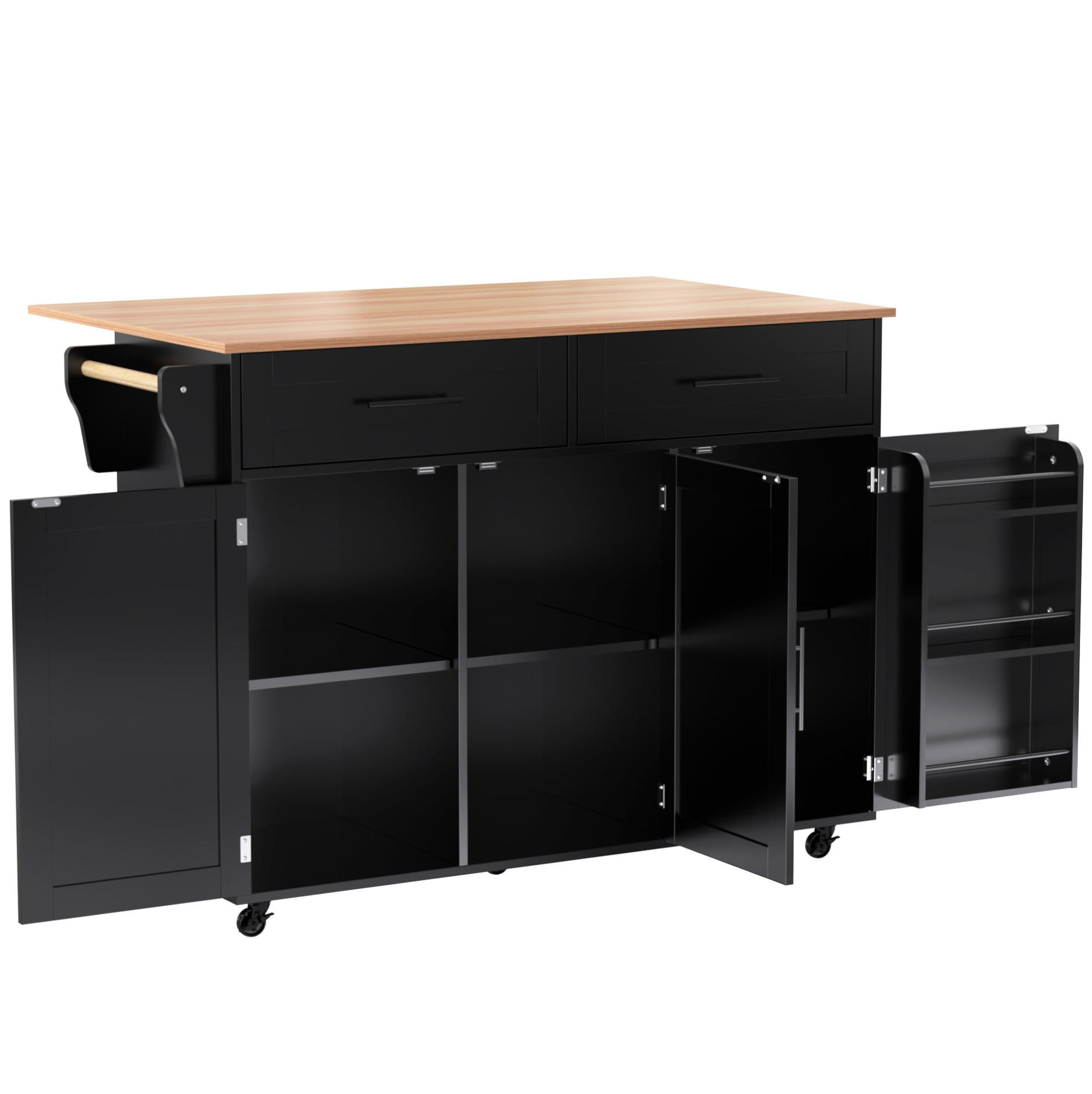 KÜCHENINSEL 129/71/91,5 cm schwarz natur mit klappbarer Arbeitsplatte - Schwarz, Holzwerkstoff (129/91.5/71cm) - OKWISH