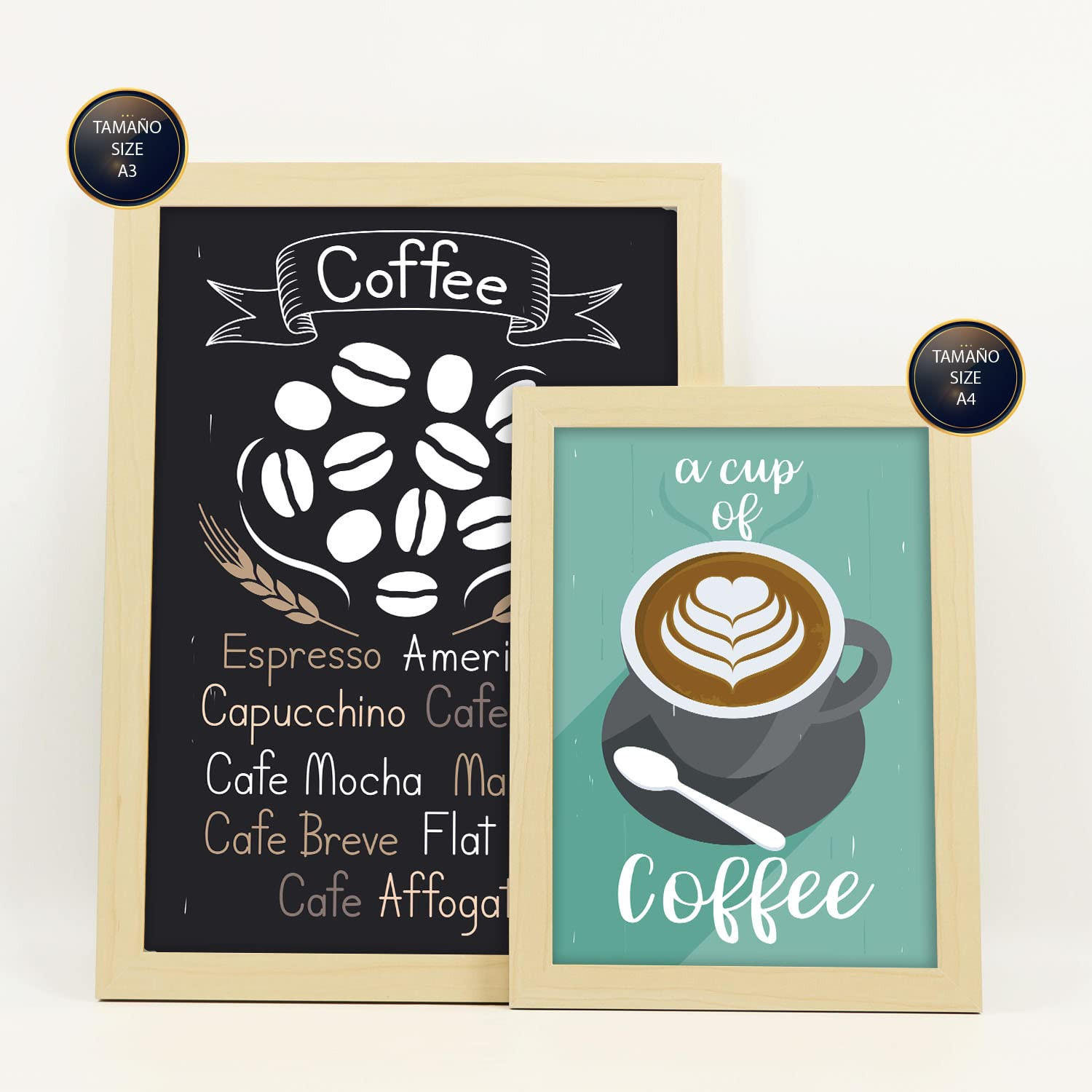 POSTER Set Mit 6 Kaffee Vollfarbige Illustrationen Von Kaffee & Getränken Im Werbetafel Illustrationen Für & Heim A3 & A4 Rahmen Aus Hellem Holz - Beige, Papier (29/3cm) - Nacnic