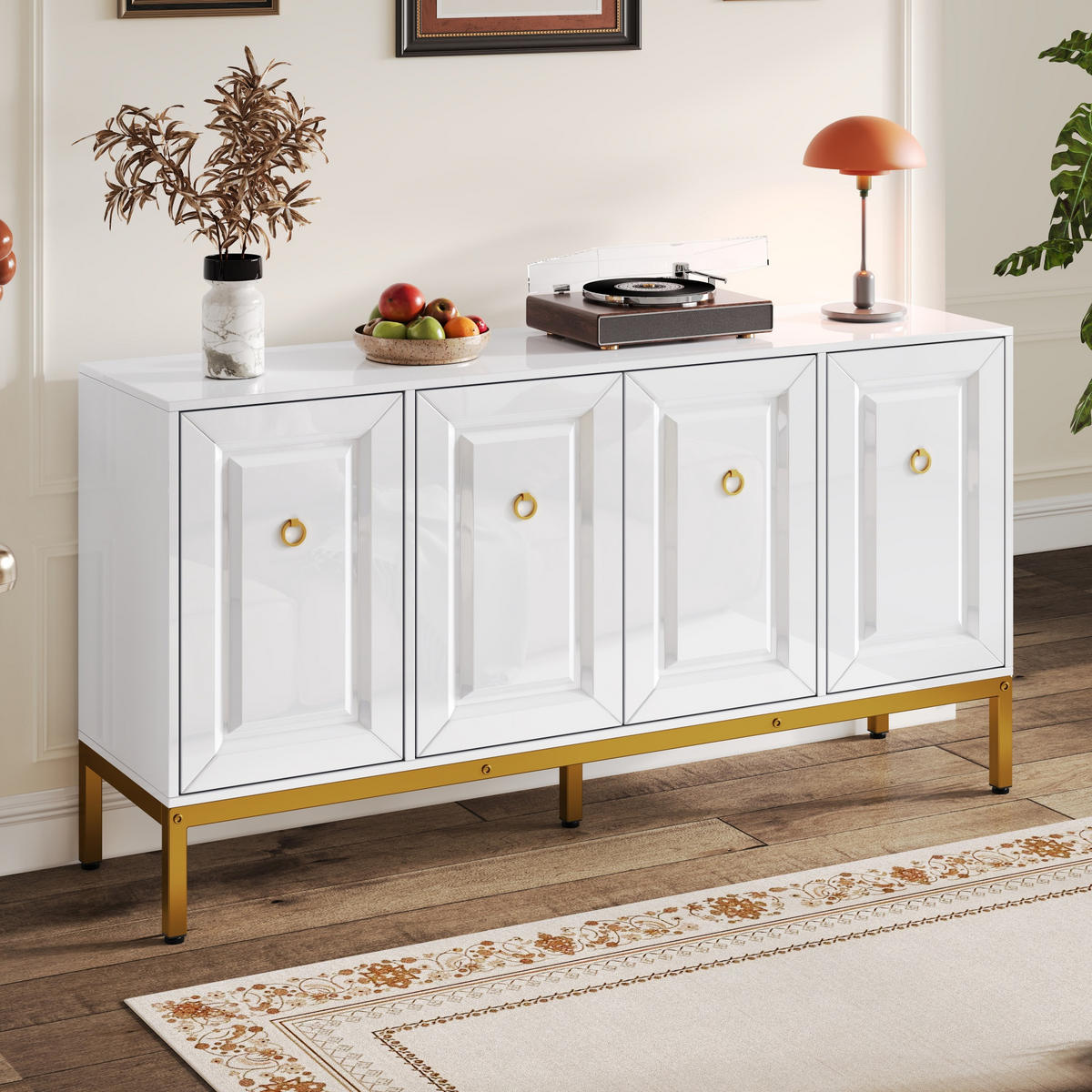 SIDEBOARD in Hochglanz Weiß mit goldenen Metallbeinen und eleganten Ringgriffen, 140/40/80 cm, Weiß/Gold - Weiß, Holzwerkstoff (140/80/40cm) - Redom