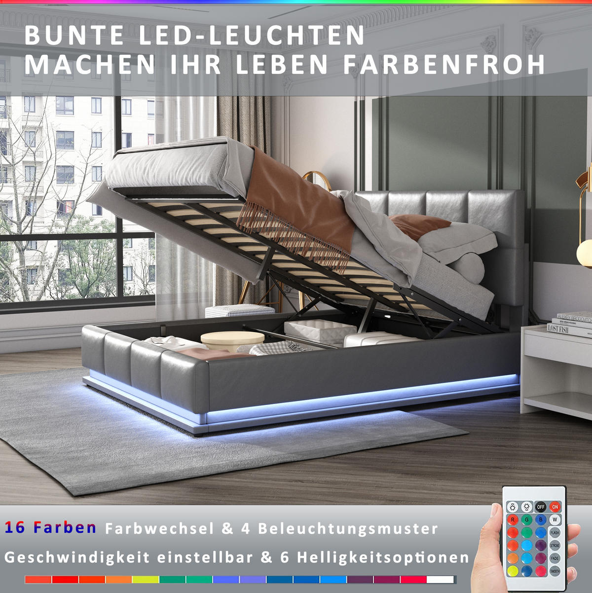 POLSTERBETT mit LED und Bettkasten 160x200 cm Kunstleder Grau - Grau, Metall (160/200cm) - Meubliv