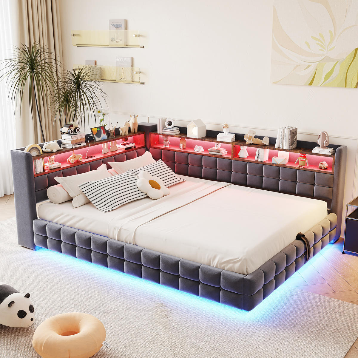 POLSTERBETT Dunkelgrau 140×200cm mit hydraulischem Stauraum, Holzregal, LED-Lichtleiste und Ladeanschlüssen - Dunkelgrau, Textil (140/200cm) - Luhomfu