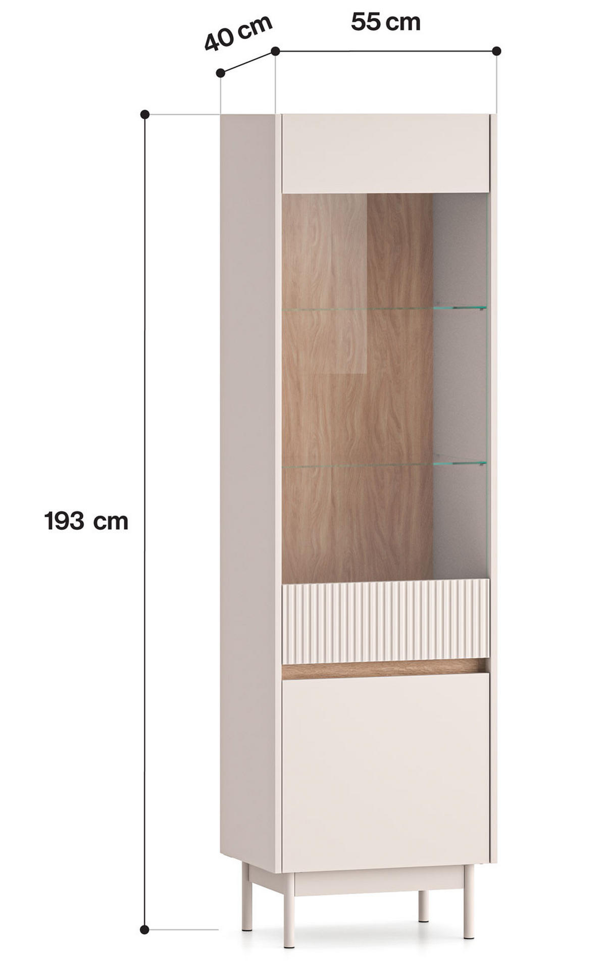 VITRINE Dunea 55 / 40 / 193cm Cashmere / Eiche Cremona Torro mit Beleuchtung - Hellbraun/Multicolor, Holz/Holzwerkstoff (55/40/193cm) - Feldmann-Wohnen