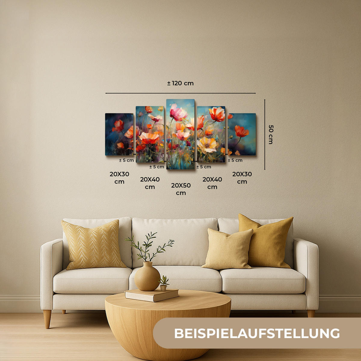 LEINWANDBILD 5er Set Blumen - Bunt - Abstrakt 100x50 cm - Blaugrau, Textil (100/50cm) - MuchoWow
