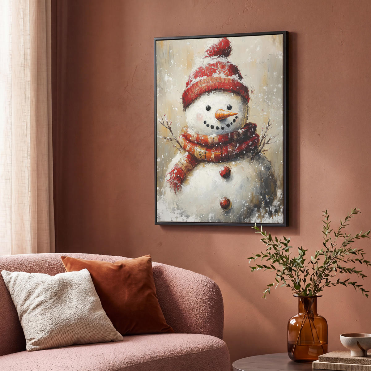 LEINWAND Bilder mit Rahmen - Schneemann - Winter - Schnee - Beige - 70x100 - Weiß, Textil (70/100cm) - MuchoWow