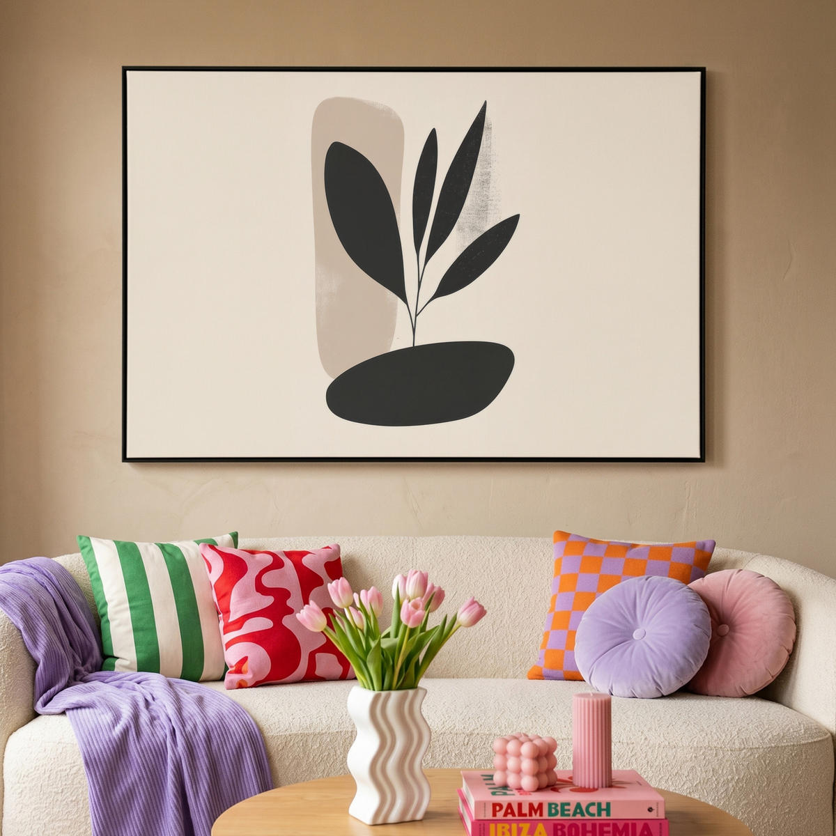 LEINWAND Bilder mit Rahmen - Pflanze - Beige - Japanisch - 120x80 - Schwarz, Textil (120/80cm) - MuchoWow