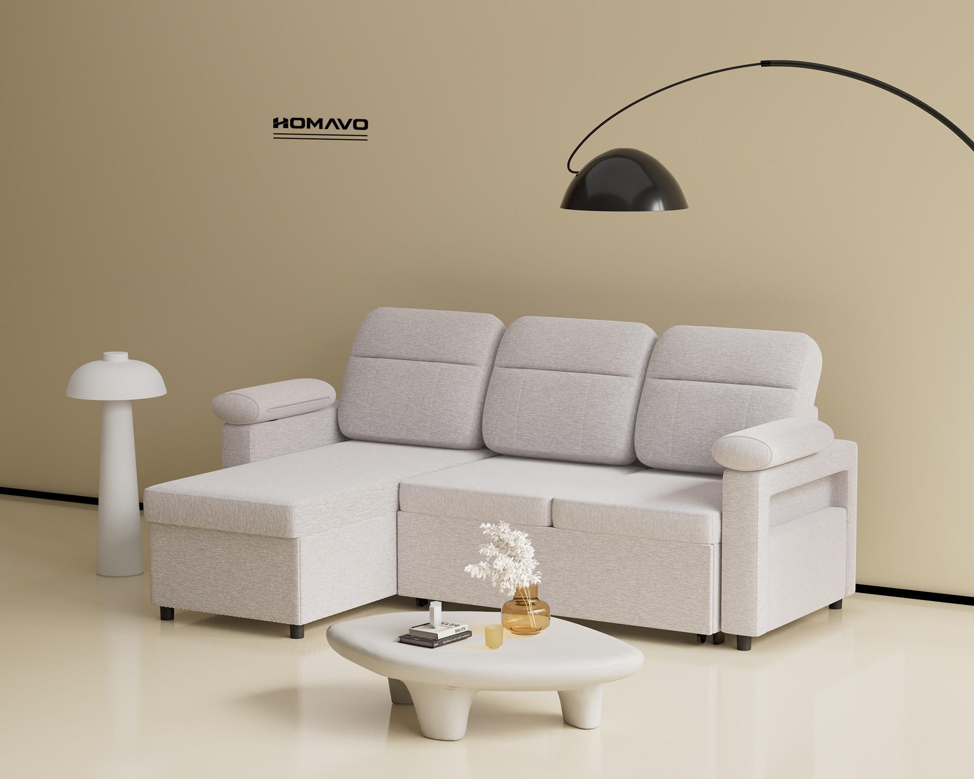 ECKSOFA mit Schlaffunktion, Stauraum und Getränke-Handyhalter, beidseitig montierbar, Leinenstoff - Hellgrau, Metall (143/90/203cm)
