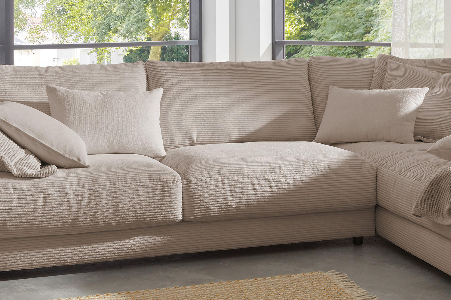 Thumbnail - Kawola Ecksofa, Taupe, Textil, Echtholz, 3-Sitzer, Füllung: Komfortschaum, Ottomane rechts, L-Form, 325x224 cm, Wohnzimm...