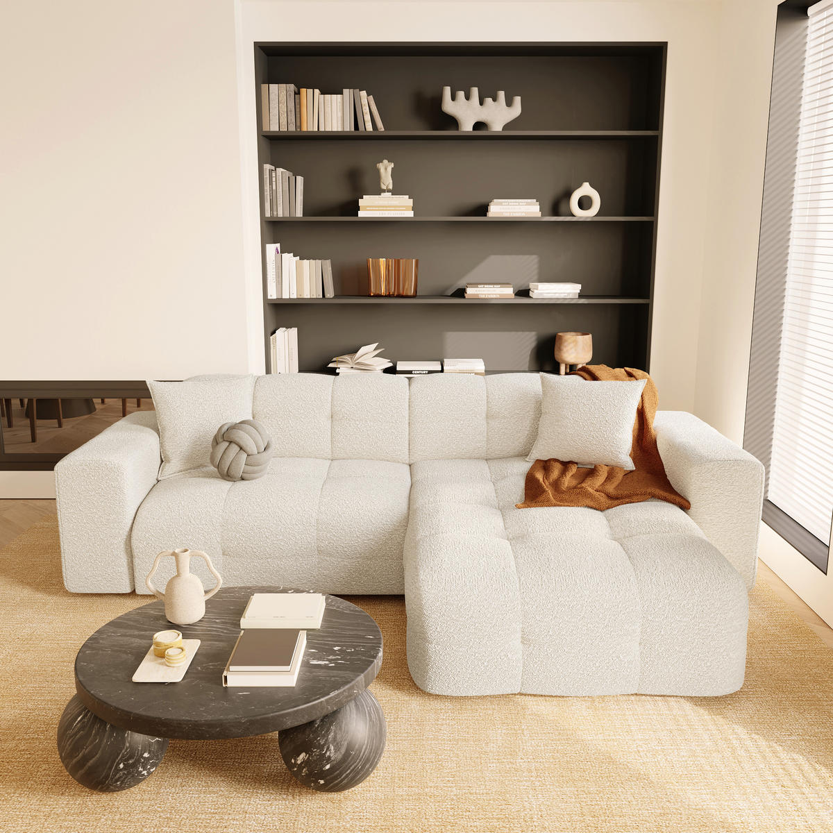 ECKSOFA RECHTS Bouclé-Stoff Creme 230cm - Creme, Textil (230/155cm) - Sia Home