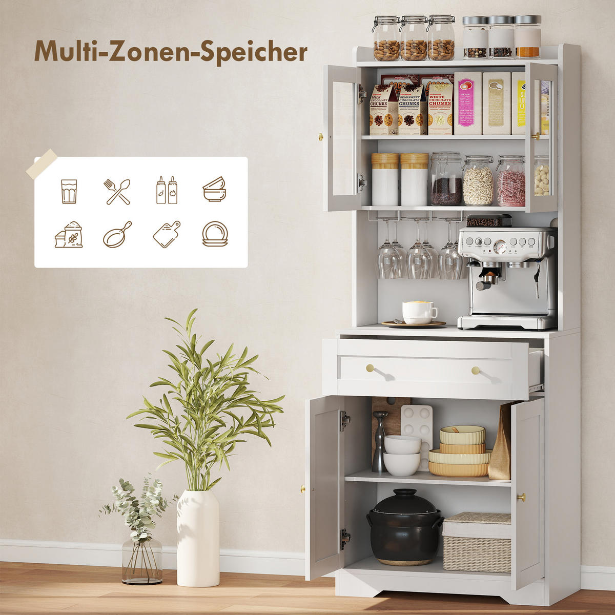 KÜCHENSCHRANK Buffetschrank mit Arbeitsplatte verstellbaren Regalen Türen Weiß - Goldfarben/Weiß, Holzwerkstoff/Metall (38/170/68cm) - HOMCOM