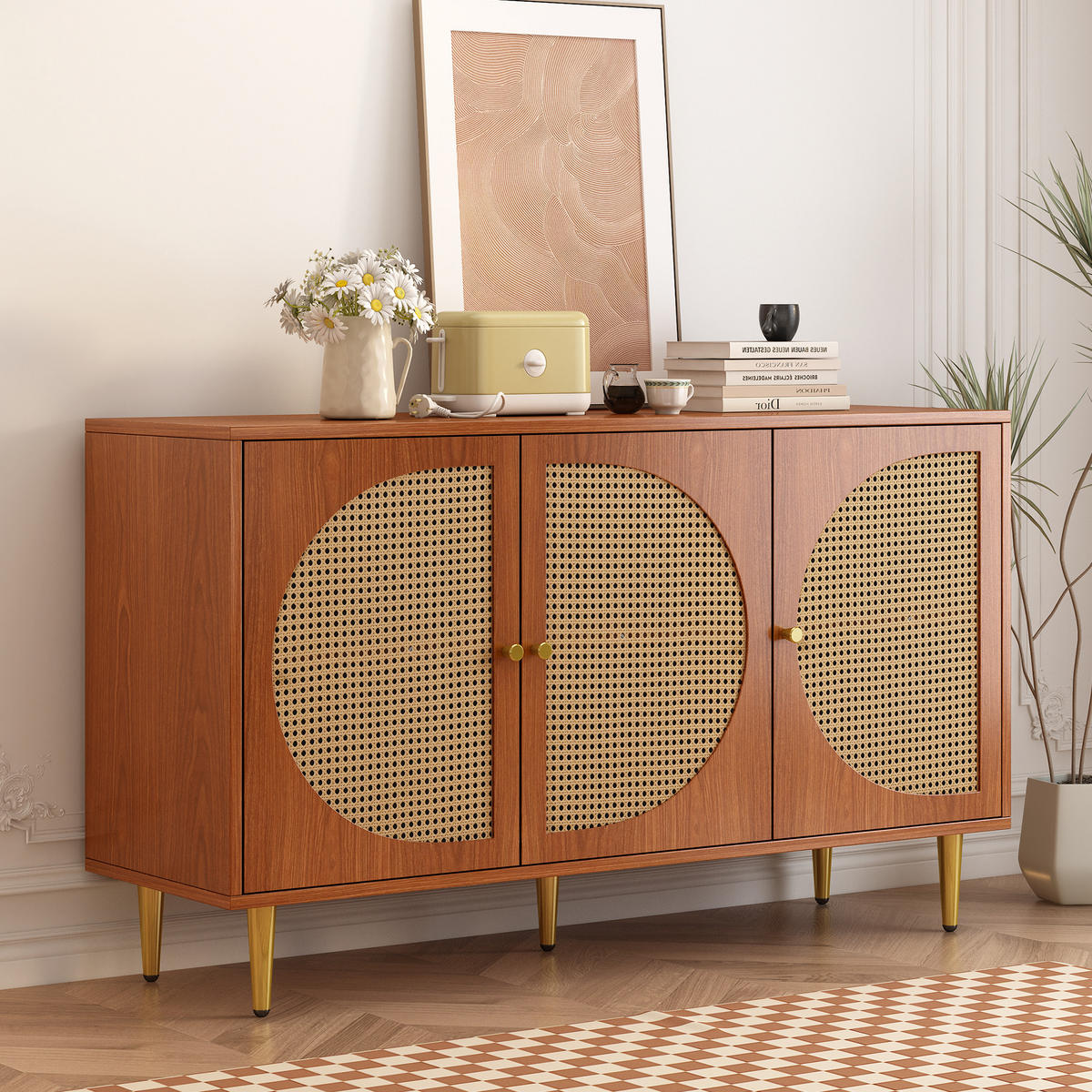SIDEBOARD mit 3 Rattan-Türen und verstellbaren Einlegeböden, 129,8/40/76 cm, Walnussoptik - Walnussfarben, Holzwerkstoff (129.8/76/40cm) - Redom