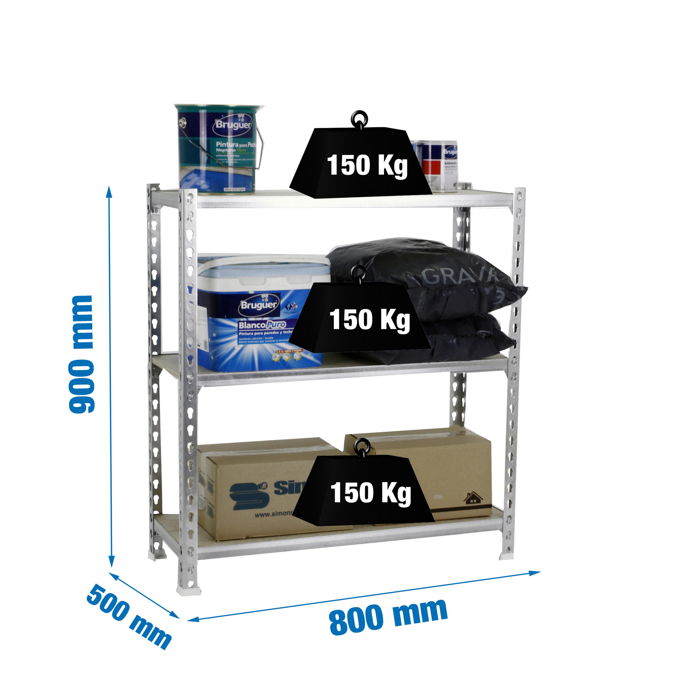 SCHWERLASTREGAL Baby Muli HxBxT 90 x 80 x 50 cm 3 Fachböden Fachlast 150 kg Verzinkt - Silberfarben, Metall (80/90/50cm) - PROREGAL
