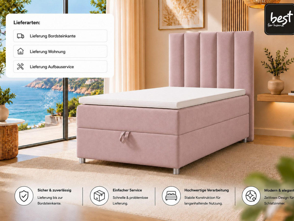 BOXBETT mit Bettkasten Trinity K-10 SINGLE Bonellfederkern inkl. Topper - Rosa, Holz/Holzwerkstoff (90/200cm) - Best For Home