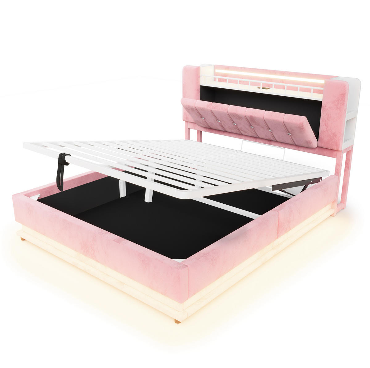 POLSTERBETT aus MDF, Metall und Samt 160x200 cm Rosa mit LED, USB-Anschlüssen und hydraulischem Bettkasten - Pink, Textil (160/200cm) - Modfu
