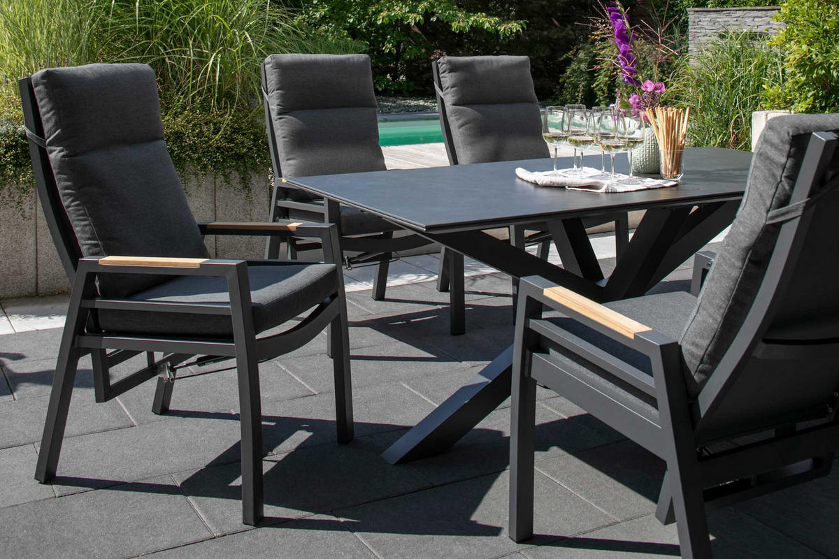 GARTENMÖBELSET Relaxsessel Sevilla mit Tisch Malaga 200 x 90 cm - Grau, Metall - Mr. Deko