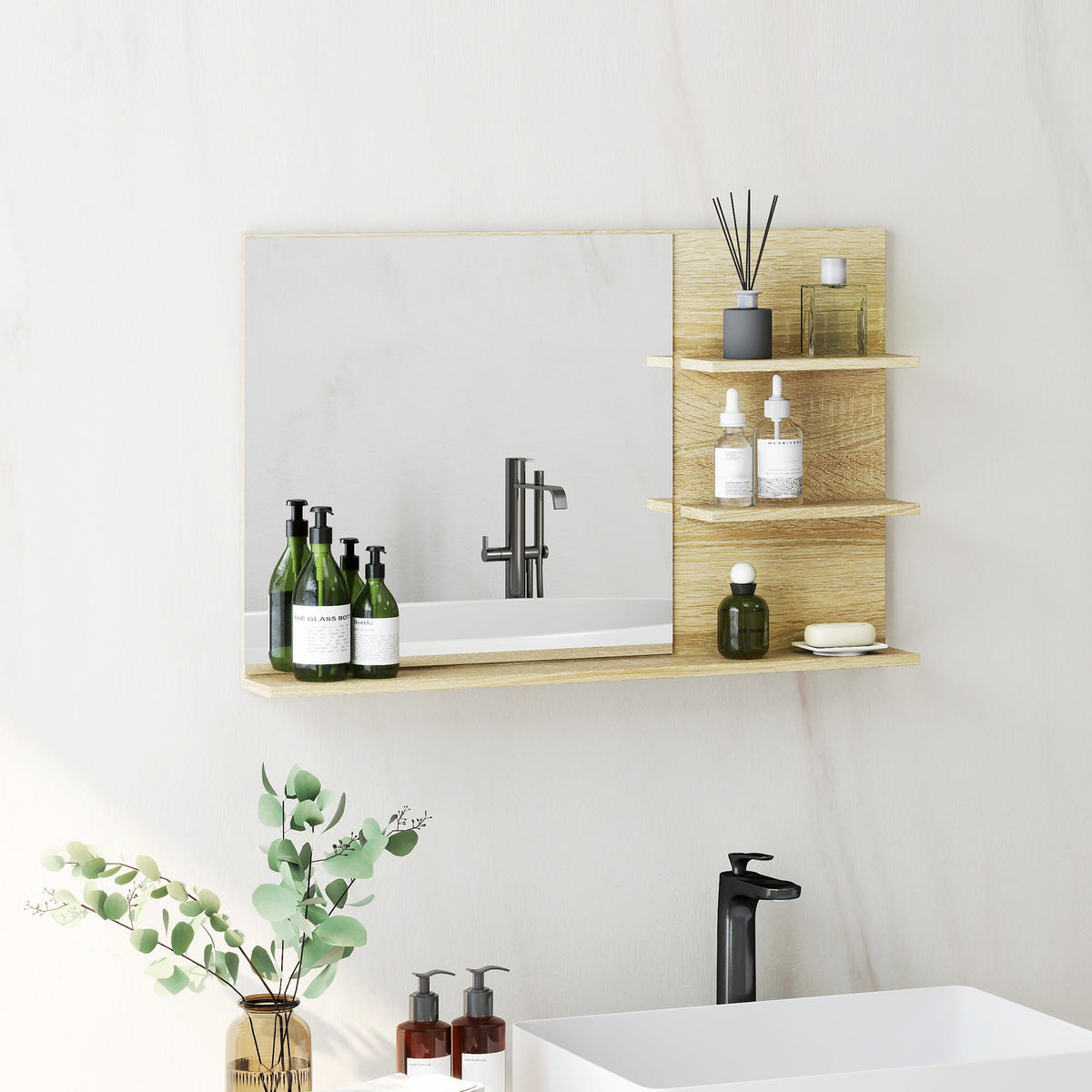 BADEZIMMERSPIEGEL mit zwei seitlichen Ablagen und einer unteren Ablage,75 x 10 x 48 cm ,Holzfarbe - Braun, Glas (10/48/75cm) - Vallsero