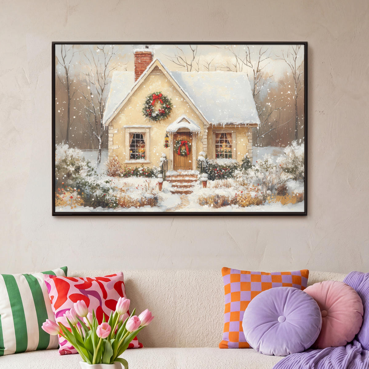 LEINWAND Bilder mit Rahmen - Weihnachten - Zuhause - Winter - Schnee - 90x60 - Creme, Textil (90/60cm) - MuchoWow