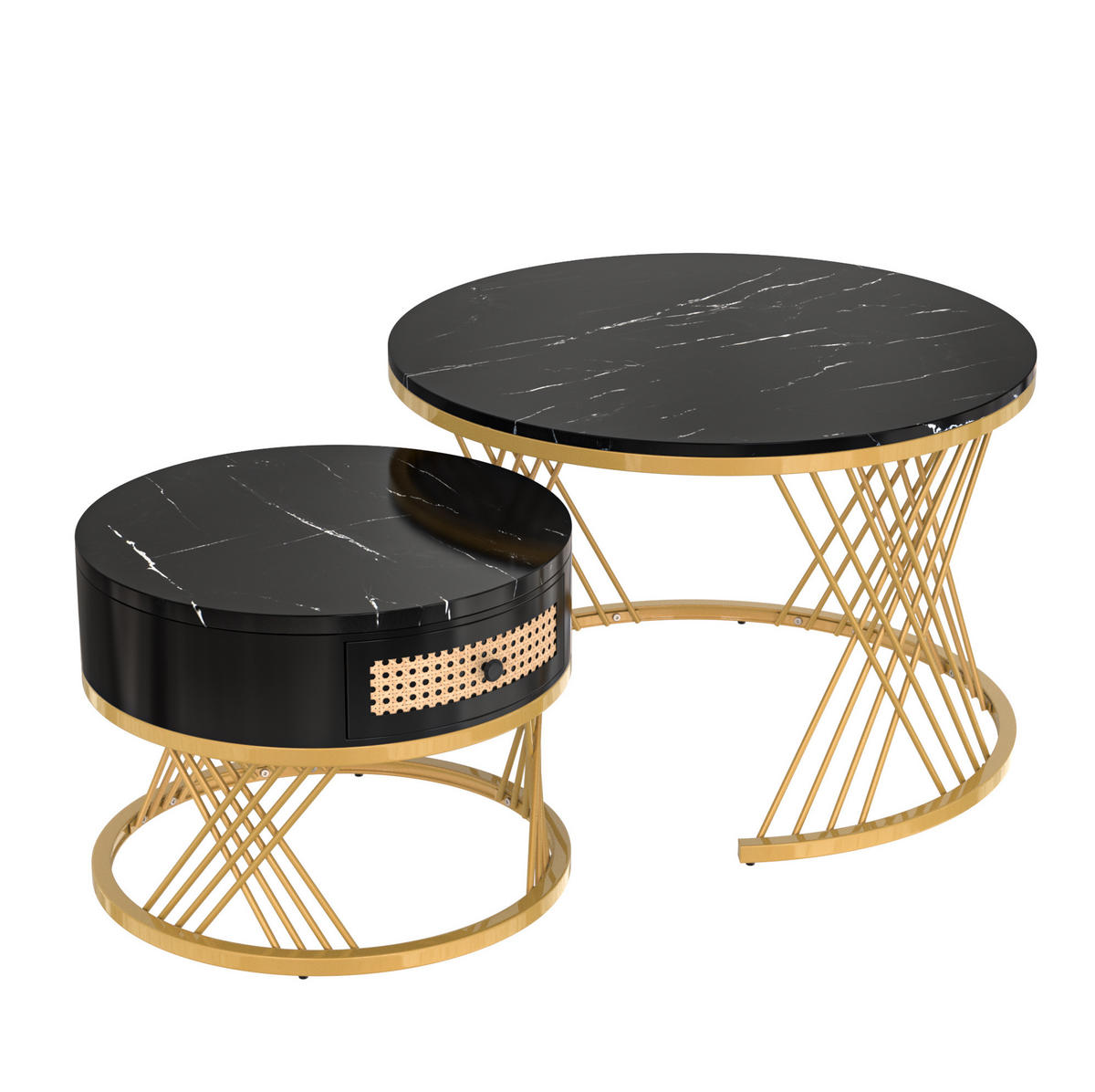COUCHTISCH-SET rund 70/70/45,5 cm aus MDF mit Schublade in Schwarz/Gold - Schwarz, Holzwerkstoff (70/70/45.5cm) - Flora Grace