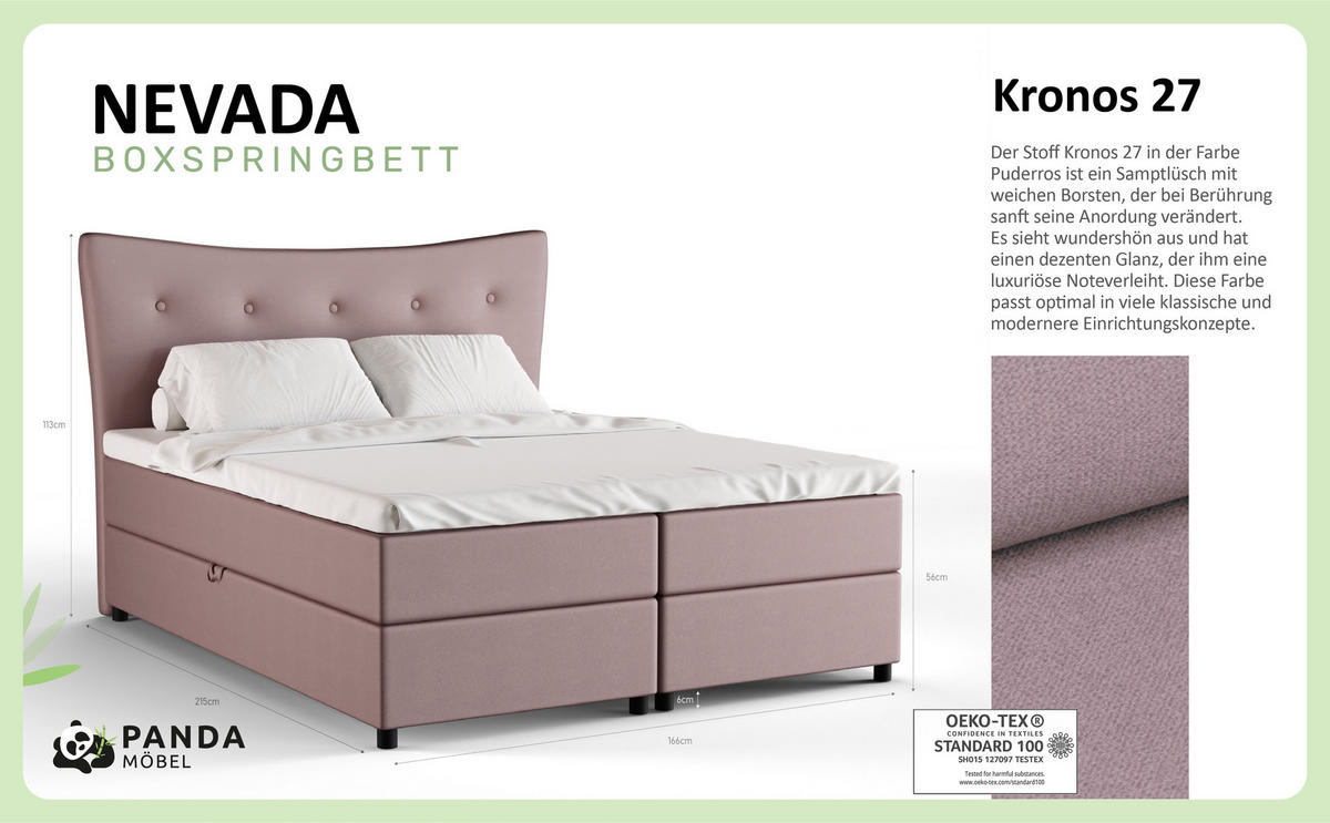 BOXBETT Nevada 160 x 200 cm Doppelbett mit hochwertiger Bonell-Matratze und Topper - rosa - Rosa, Holz (160/200cm) - Panda Möbel