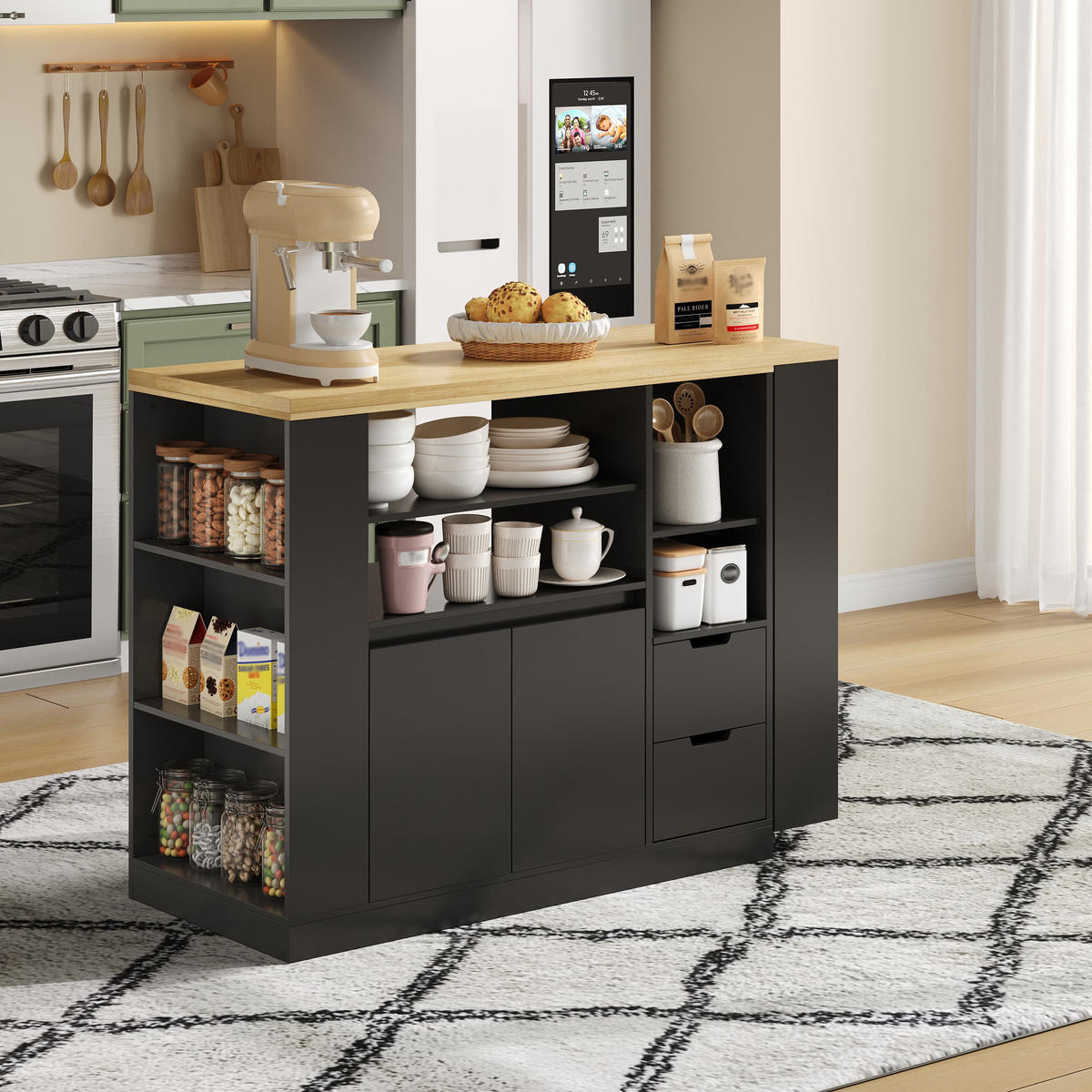 KÜCHENINSEL 115x50x92cm Schwarz mit drehbarer Ausziehplatte & Gewürzregal - Schwarz, Holzwerkstoff (115/92/50cm) - Modfu