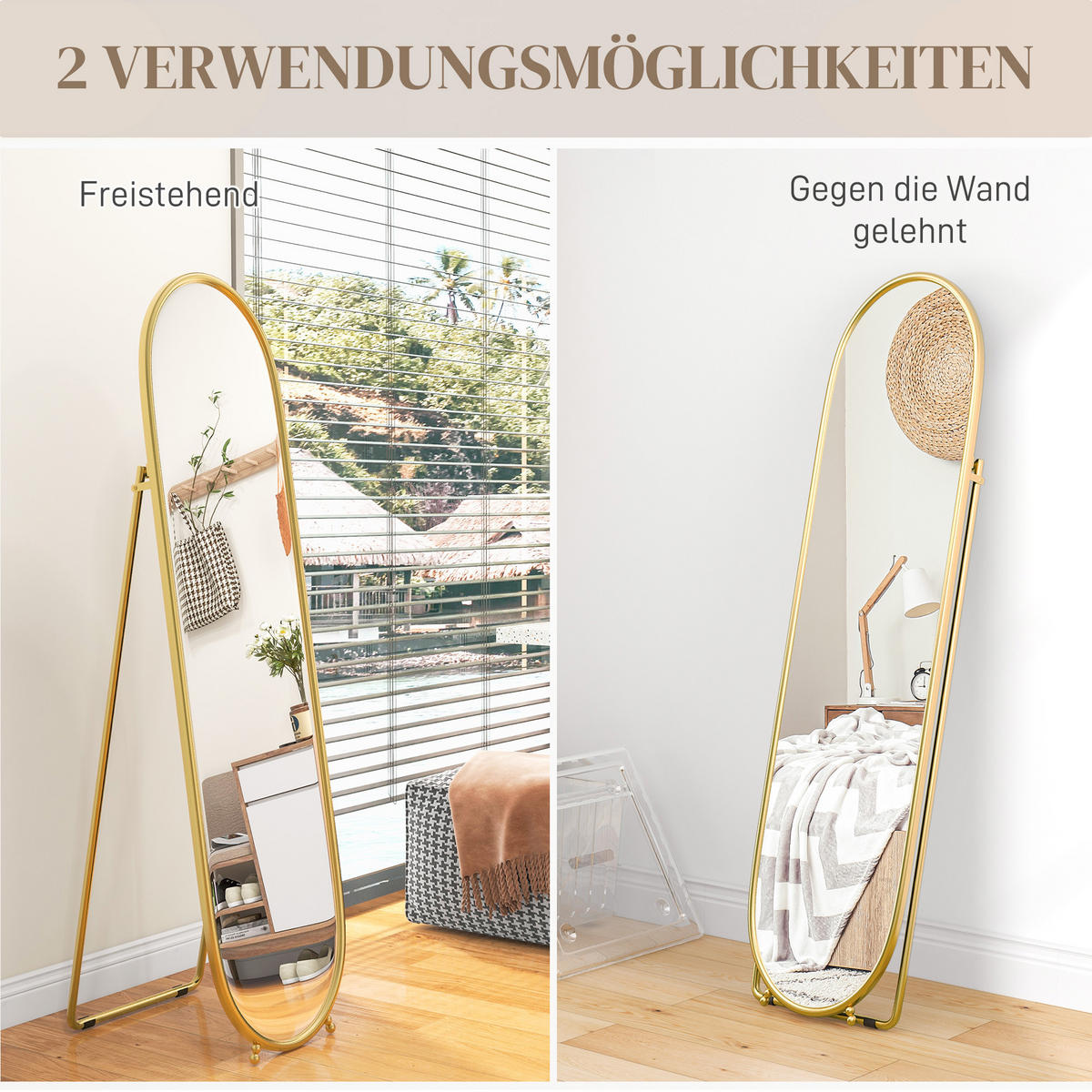 GANZKÖRPERSPIEGEL, 160 x 40 cm Wandspiegel mit Ständer, Metallrahmen, Gold - Goldfarben, Glas (4/160/40cm) - HOMCOM