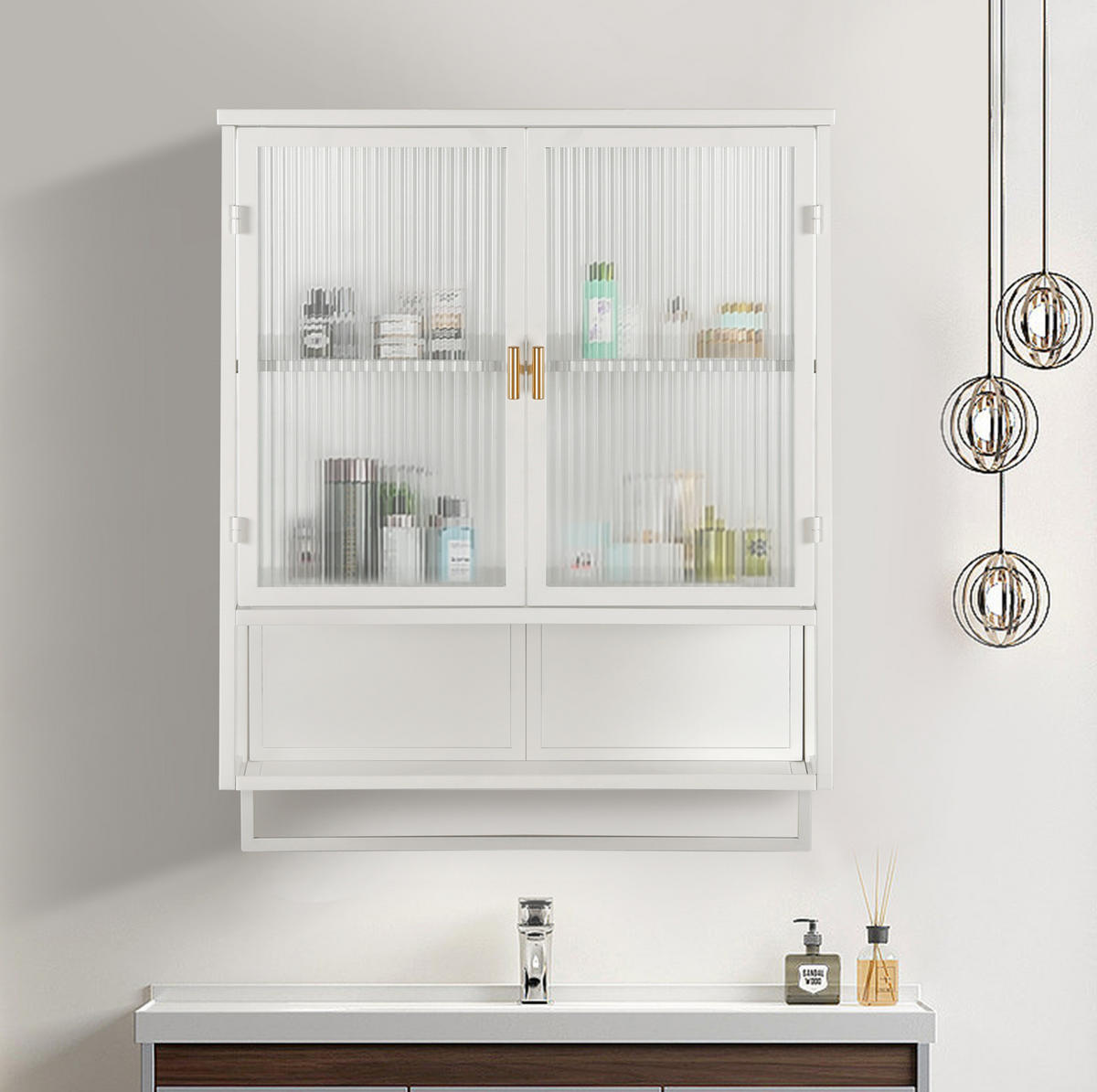 KÜCHENOBERSCHRANK 60/23/78 cm mit 2 Glastüren, offener Ablage und Handtuchhalter, Metall/Glas, Weiß - Weiß, Glas (60/78/23cm) - Redom
