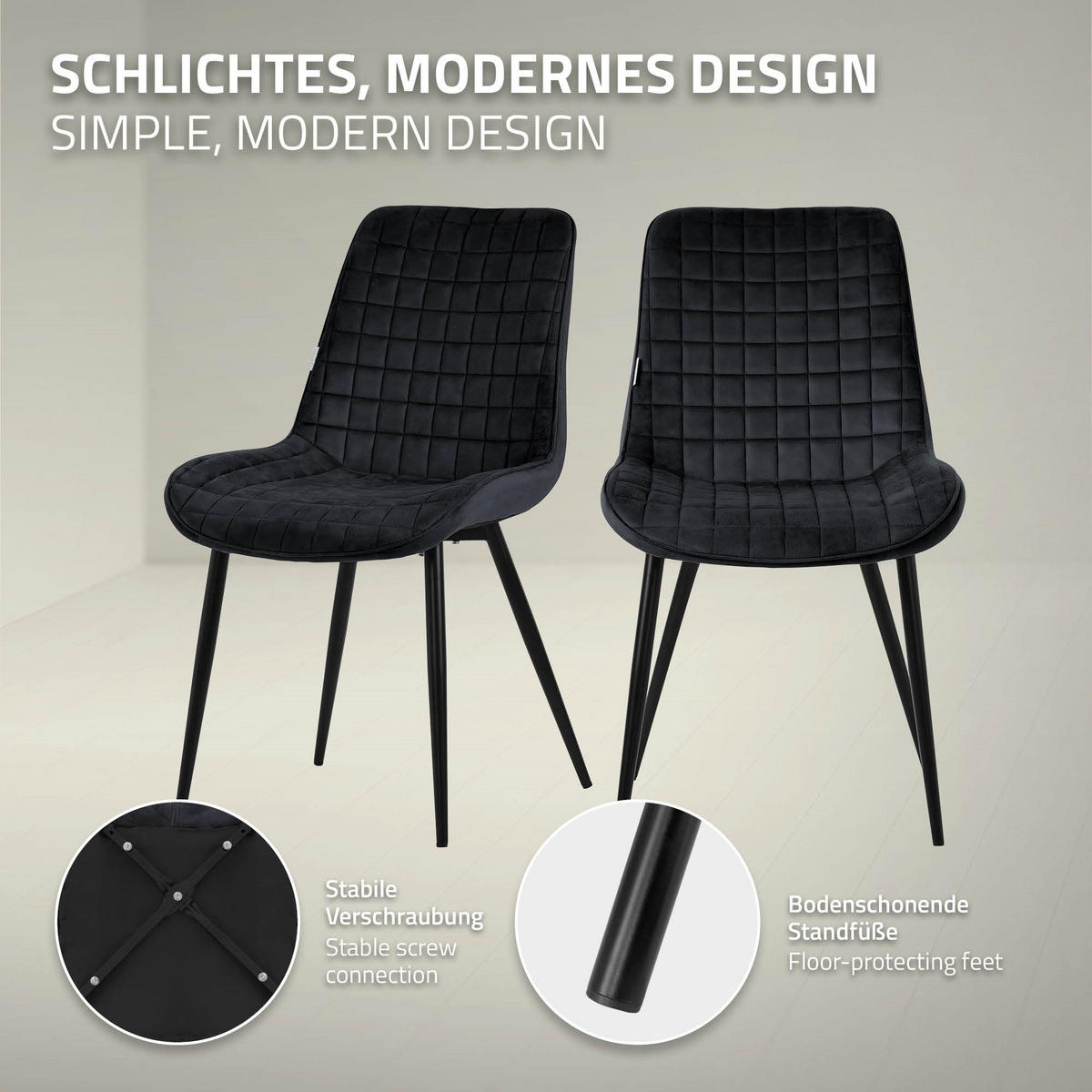 ESSZIMMERSTÜHLE 4ER-SET Schwarz Samt - Schwarz, Textil/Metall (52/89/60cm) - ML-DESIGN