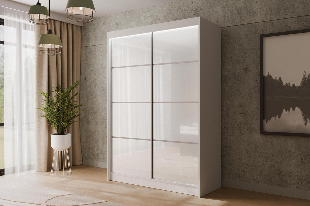 KLEIDERSCHRANK PEKA III mit LED - 150 cm - Weiß - Weiß, Holzwerkstoff (150/215/61cm) - ALTDECOR
