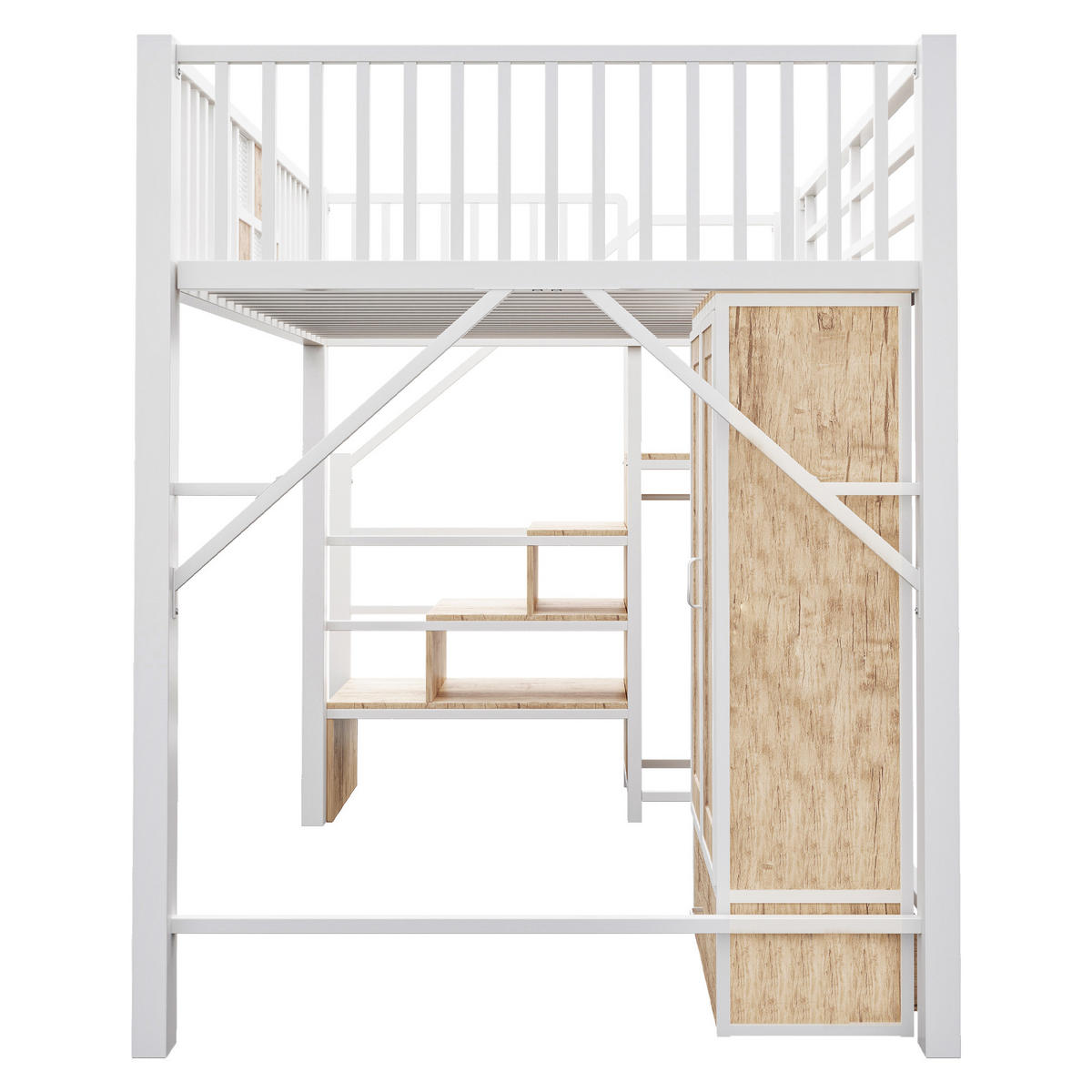 HOCHBETT Weiß aus Metall 140×200cm mit Holz-Metall-Geländer, Kleiderschrank, Schublade und Stauraumleiter - Weiß, Metall (140/200cm) - Luhomfu
