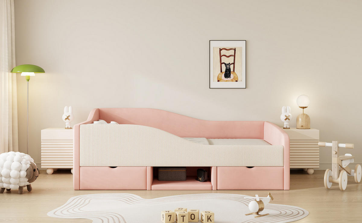 KINDERBETT 90/190 cm mit 2 Schubladen, Schutzgittern und Stauraum aus Samtstoff, Rosa/Cremeweiß - Rosa, Textil (90/190cm) - Redom