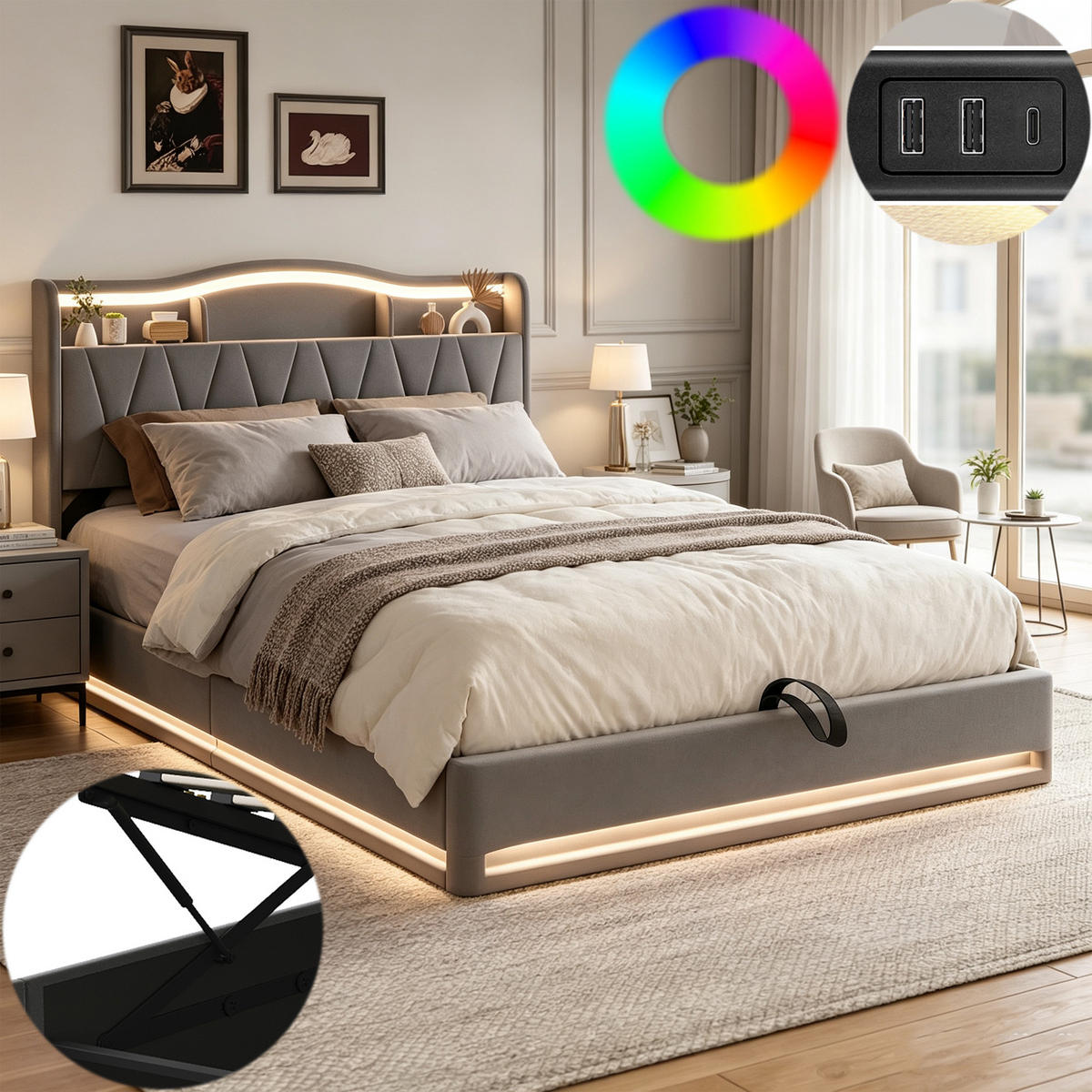 POLSTERBETT 140x200 mit stauraum, doppelbett mit LED, 4 Schubladen, Lattenrost, USB, Kopfteil, Samtstoff, Grau - Grau, Holz/Textil (140/200cm) - GENKI LIVING