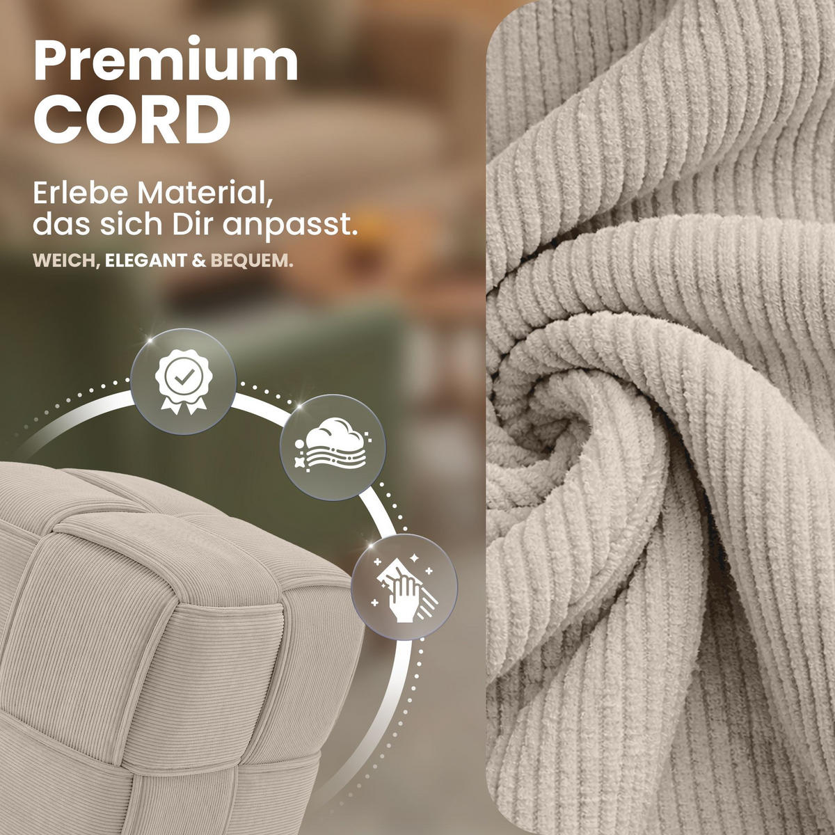 SITZWÜRFEL eckig 40/40/40 cm Cord Creme - Creme, Kunststoff/Textil (40/40/40cm) - CLP