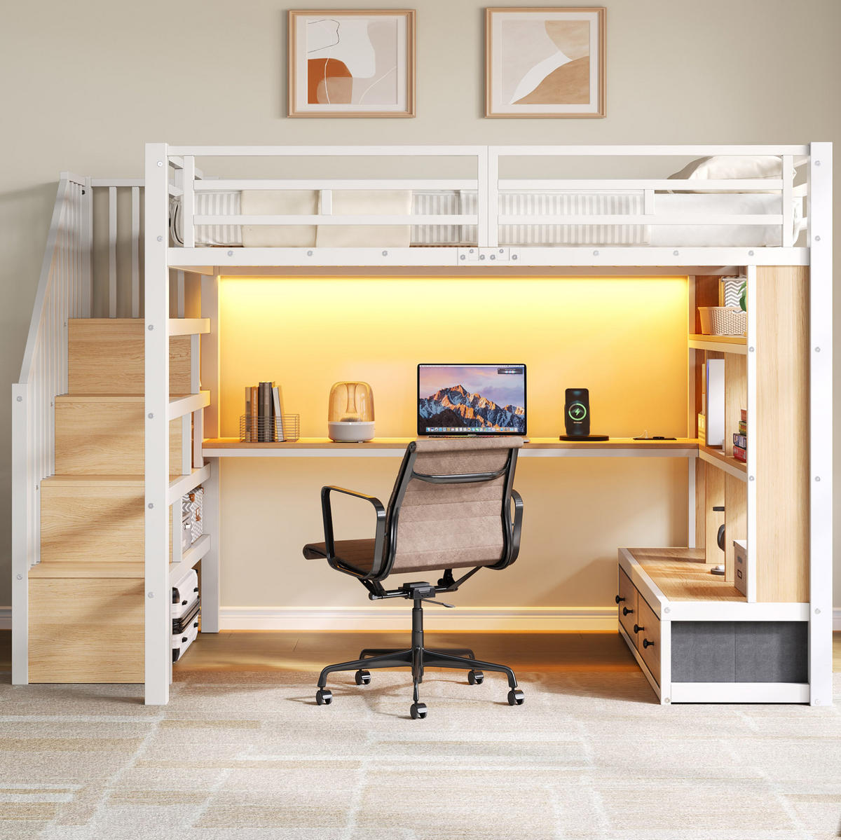 HOCHBETT aus MDF und Metall 140x200 cm Weiß mit Schreibtisch, Regalen, Stauraumtreppe und Schubladen - Weiß, Holzwerkstoff (140/200cm) - Modfu